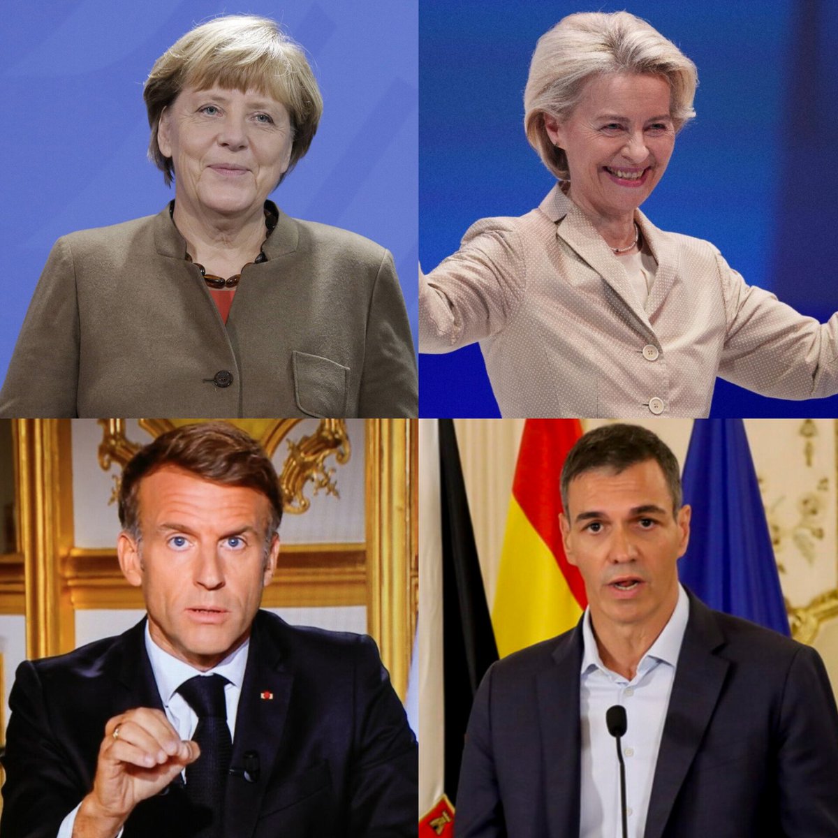 RadioGenoa's tweet photo. They are the ones. The 4 who opened Europe to the Islamic invasion. Look them straight in the face. Top left Merkel. Top right von der Leyen. Bottom left Macron. Bottom right Sanchez. They are the ones responsible. They opened the borders. They signed the Migration Pact. They turned Europe into a 5 star hotel for those who arrive illegally. Merkel in 2015 said "they are all welcome". Von der Leyen from Brussels imposed quotas and mandatory solidarity. Macron and Sanchez applauded and threw open the doors of their countries. The result you see every day in your cities. Chaos, insecurity, Islamic invasion. This photo is the photo of the guilty. Sooner or later they will have to answer.