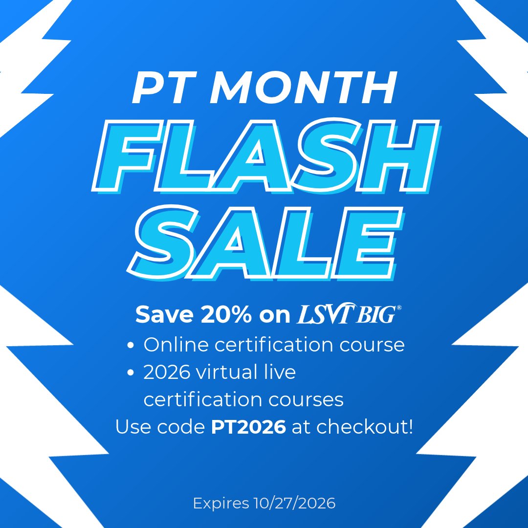 LSVTGlobal's tweet photo. 🎉 3-DAY FLASH SALE! Celebrate #NPTM with 20% OFF select LSVT BIG® Training &amp; Certification courses! Save on our Online &amp; Virtual Live (Nov 6–7 / Dec 4–5) courses with code PT2026.
⏰ Valid Oct 25–27 only! Register now: https://t.co/my8OxM1knp
#LSVTBIG #PTMonth2026 https://t.co/GStwyILO6e