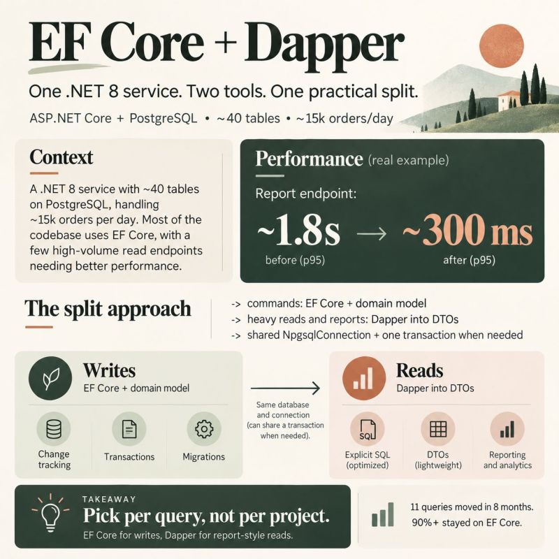 Dave_DotNet's tweet photo. IMHO, introducing a whole second tool for a few queries when Entity Framework 8+ already allows us to execute raw SQL queries and map the results directly to unmapped types, isn't a practical or pragmatic architectural decision.

Just choose. If you prefer manual SQL, Dapper is awesome, if you prefer ORMs choose EF and drop to raw SQL for the few uses cases where EF fails to hit the mark. If you really need to squeeze every millisecond out of your queries, ADO #dotnet itself is the boilerplate everything else builds upon.
