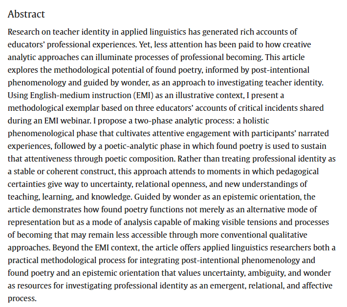 RMALJournal's tweet photo. New article:  Gronchi, M. (2026). From certainty to wonder: Found poetry as a post-intentional phenomenological approach to EMI professional identity. Research Methods in Applied Linguistics, 5(3), 100387: https://t.co/JseJcfxxAH https://t.co/oydXu7GpXV