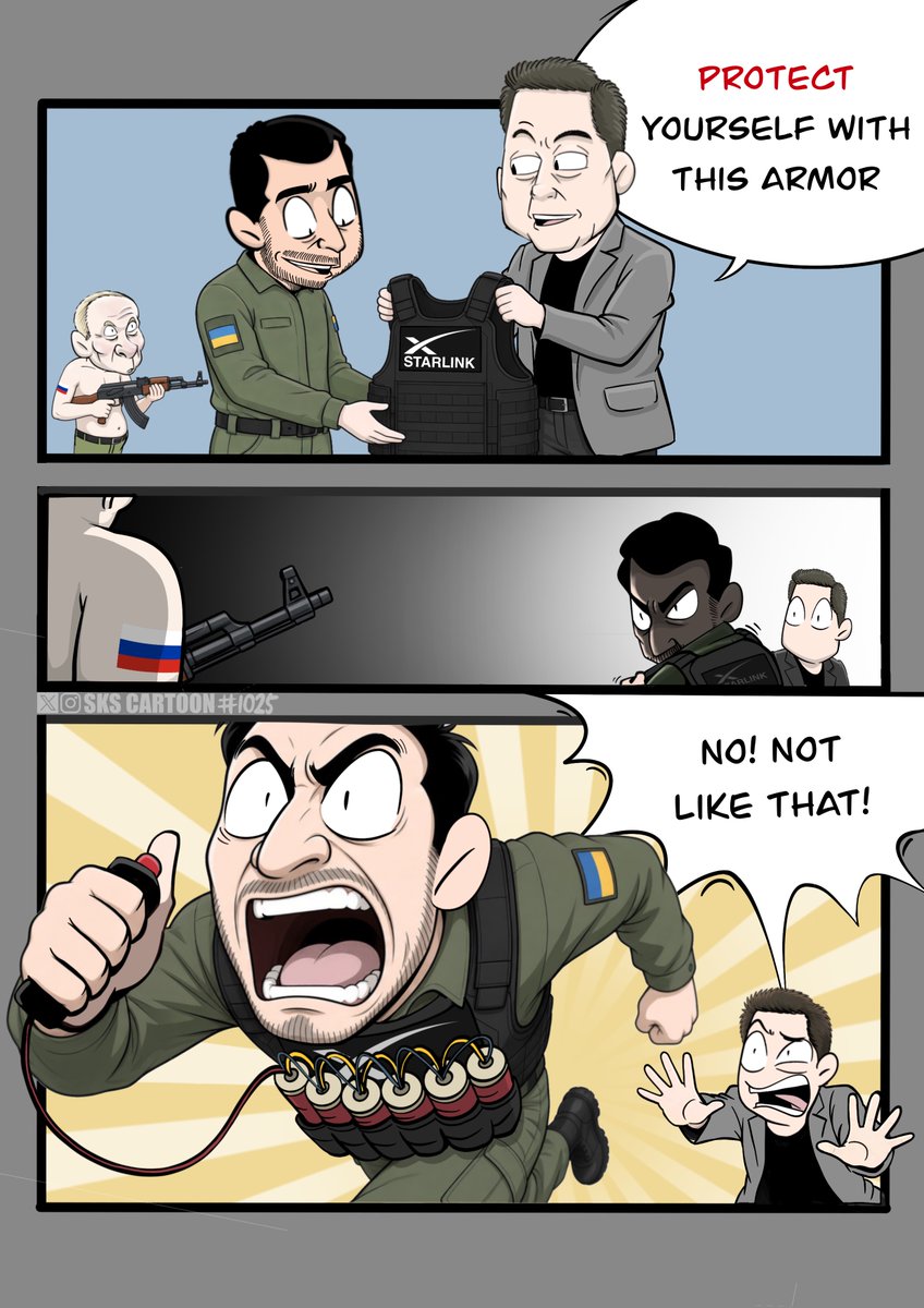 skscartoon's tweet photo. When Elon gave Starlink to Ukraine, it was clear the system was intended for civilian &amp; defensive purposes only; 
Using it offensively would be like turning a flak jacket into a sui**de vest. https://t.co/wk330I9uz6