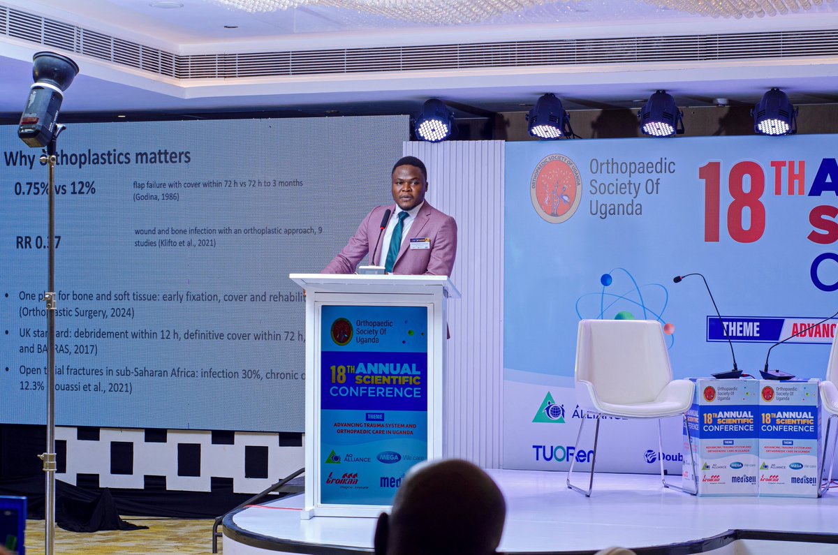 DerickKayondo's tweet photo. It was a great time at the @OrthoSocietyUg 18th Annual Scientific conference at Hotel Bamus Sarovar Portico yesterday. 
I talked about the invaluable role of Orthoplastic surgery in care for our patients. To seal it off, I made a case report presentation on one of the many patients we have restored hope and mobility for through Orthoplastics approach.
@BasicsofOF