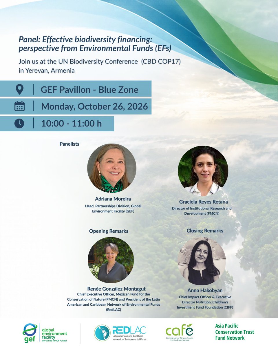 RedLAC1's tweet photo. 🌎🌿 Join RedLAC at #COP17 to explore how Environmental Funds drive biodiversity finance and lasting conservation impact.

📅 Oct 26 | 10:00–11:00
📍 GEF Pavilion – Blue Zone
#RedLAC #EnvironmentalFunds @FondoMexicano @theGEF https://t.co/T6LR4RFcWM