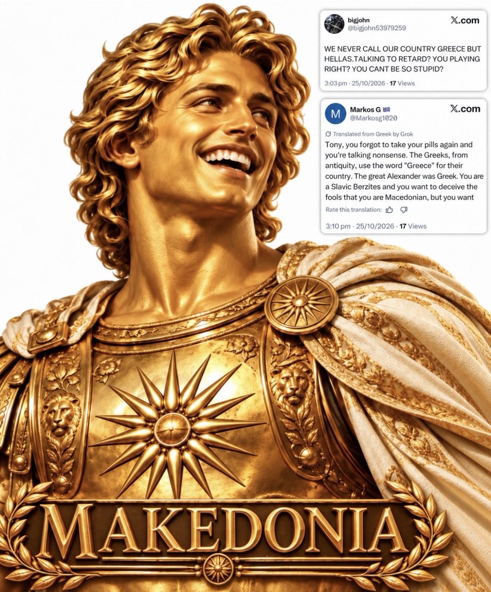 BitolaFC's tweet photo. 😂

LMAO - Thanks for admitting the entire THEFT of Macedonian history and identity out loud. 🇬🇷🤡

*we never call our country Greece. 
😂😂😂😂

*the Greeks from antiquity use the word “Greece” for their country. 
😂😂😂😂

It's the most blatant admission of identity theft in history. 🇬🇷🤡🤡🤡🤡

LIARS & THIEVES. 🇬🇷🐂💩🤡