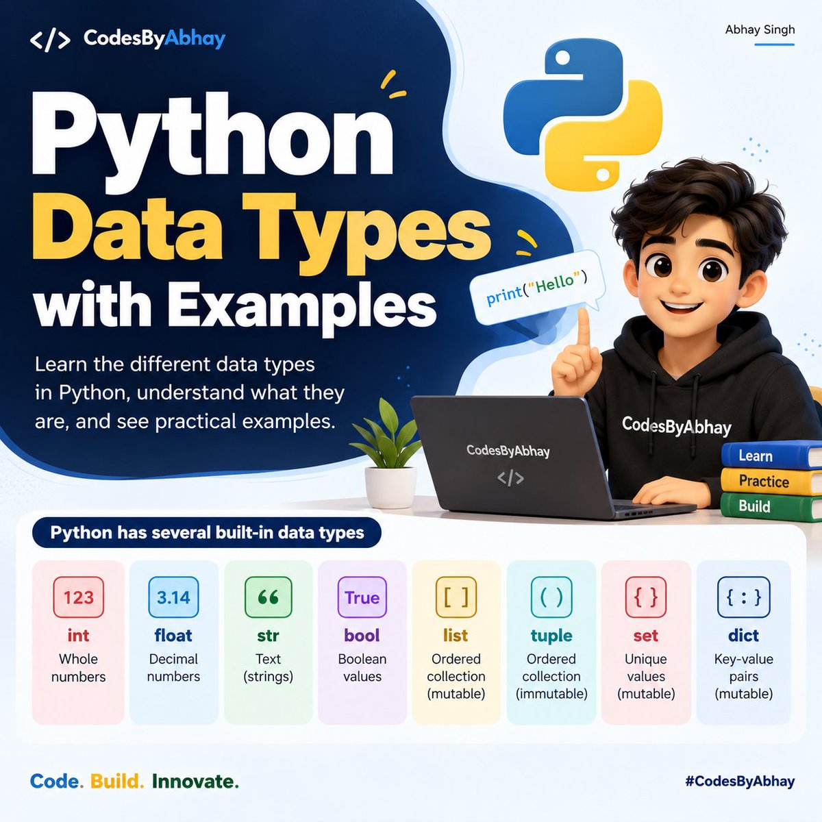 codesbyabhay's tweet photo. Learn Python data types with simple examples 🐍 Explore integers, strings, floats, booleans, lists, tuples, dictionaries, and sets.

#CodesByAbhay #AbhaySingh #Python #PythonProgramming #LearnToCode https://t.co/PsF9YvtZ7a