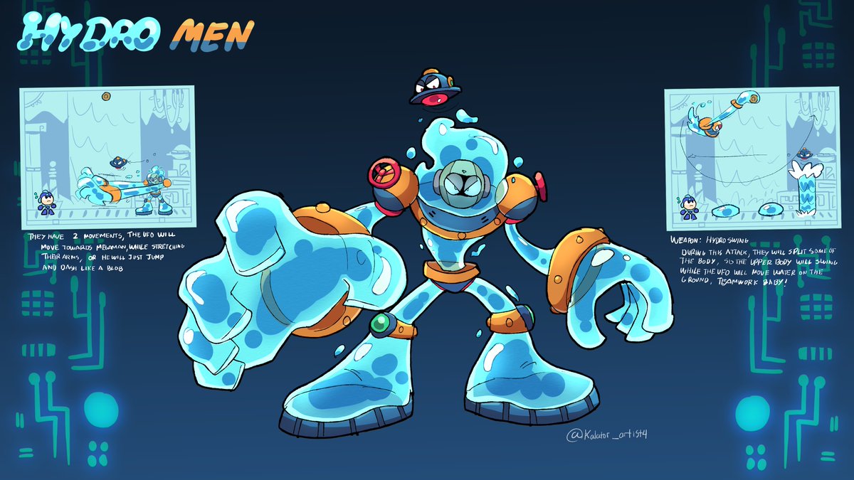 Kalator_artist4's tweet photo. HYDRO MEN🫧  (7th robot)
They are tasked to explore underwater ruins that appear to be of extraterrestrial origin. Their bodies are covered in a highly elastic hydrogel! also they love to work as a team but hate each other for not being coordinated...
#megaman #robotmasters https://t.co/Di24esiWCQ