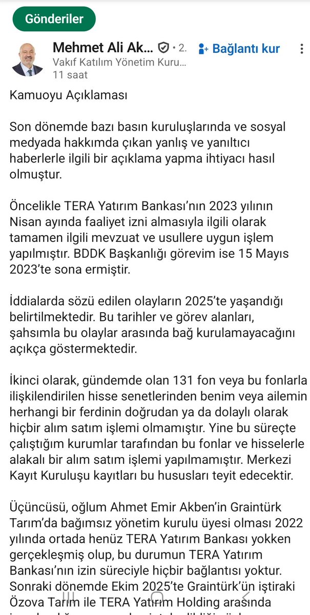 kerimrota's tweet photo. Zincirleme tesadüfler de yetmez olunca kelimelere dans ettirmiş.

"Üçüncüsü, oğlum Ahmet Emir Akben’in Graintürk Tarım’da bağımsız yönetim kurulu üyesi olması 2022 yılında ortada henüz TERA Yatırım Bankası yokken gerçekleşmiş olup, bu durumun TERA Yatırım Bankası’nın izin süreciyle hiçbir bağlantısı yoktur."

Bir bankaya önce kuruluş sonra faaliyet izni verilir.

Tera Yatırım Bankasına kuruluş iznini 26 Ekim 2021'de vermiş.

Görevi sona ermeden bir ay önce
7 Nisan 2023'te giderayak faaliyet iznini vermiş.