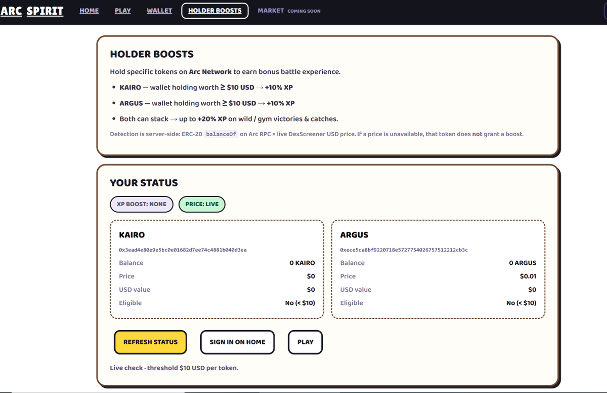 ARCSPIRIT0's tweet photo. Holding $KAIRO or $ARGUS on Arc?

ArcSpirit Holder Boost is live.

≥ $10 of $KAIRO → +10% battle XP
≥ $10 of $ARGUS → +10% battle XP
Hold both → up to +20%
We check your wallet on-chain (balance × live USD). Connect → play.

Boosts page: https://t.co/SpTvwFSDBK

Play: https://t.co/m5iT4eA0bm

@arc @Arguspad  @kairo_market
