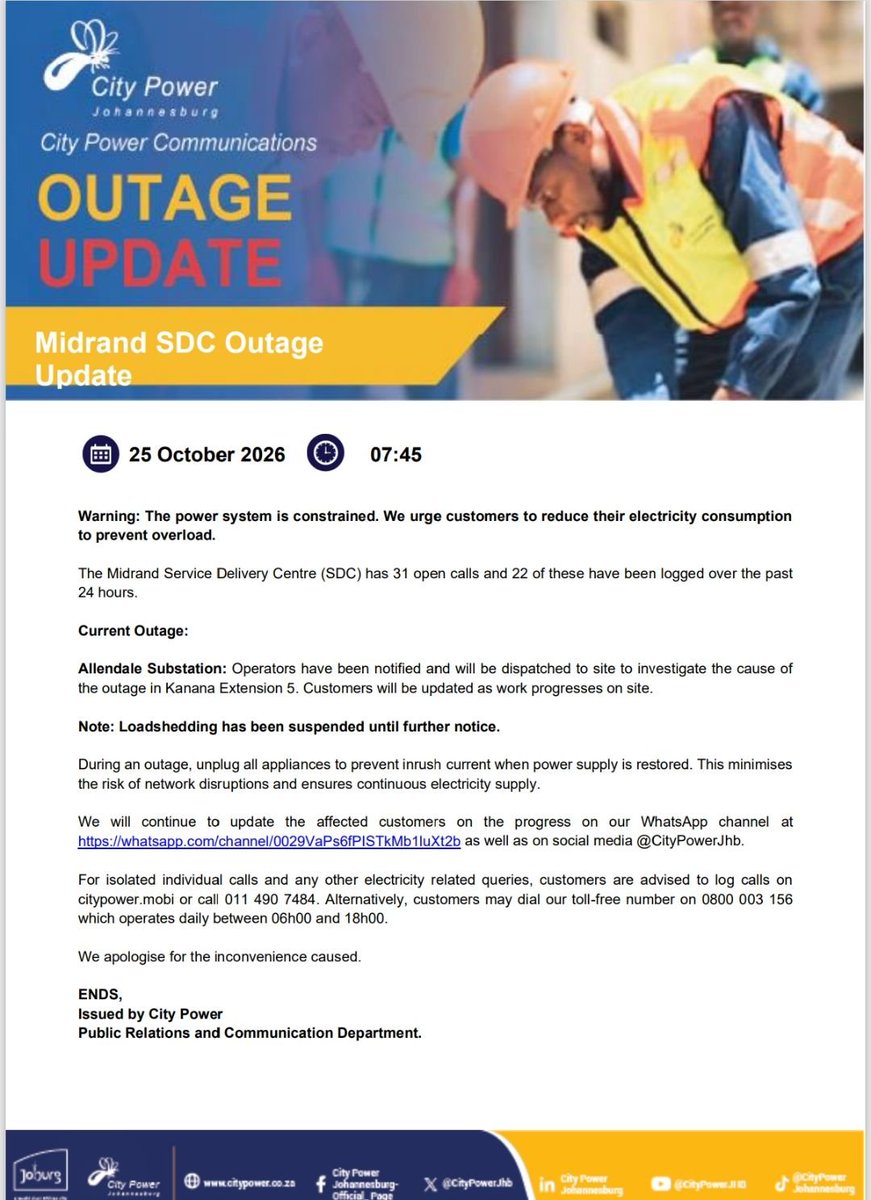 CityPowerJhb's tweet photo. #CityPowerUpdates
#CityPowerOutages

The Midrand Service Delivery Centre (SDC) is sitting with 31 calls. ^KM https://t.co/w2wlKXzFCb