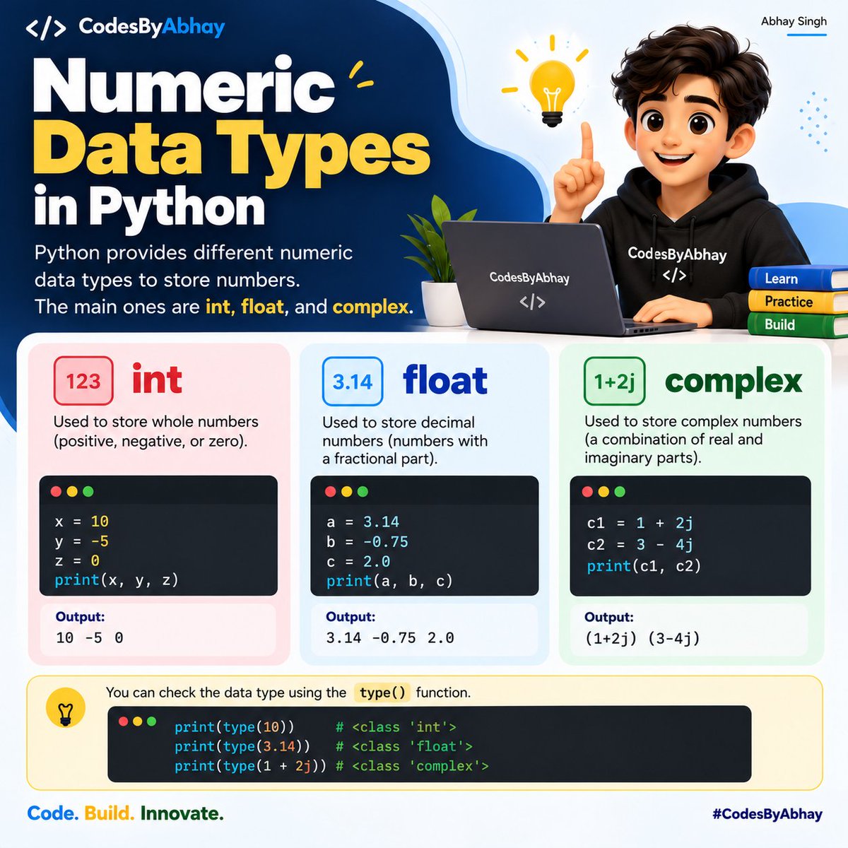codesbyabhay's tweet photo. Learn Python data types with simple examples 🐍 Explore integers, strings, floats, booleans, lists, tuples, dictionaries, and sets.

#CodesByAbhay #AbhaySingh #Python #PythonProgramming #LearnToCode https://t.co/PsF9YvtZ7a
