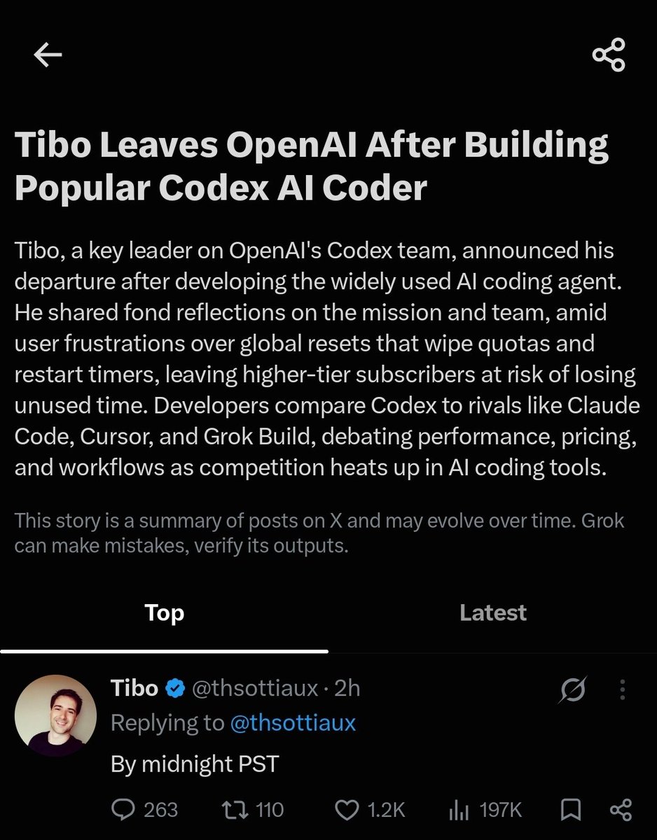 gr7bj's tweet photo. @thsottiaux @_jayyy18_13k X Thinks you're leaving openai.. this true? https://t.co/mX4vDJihFo