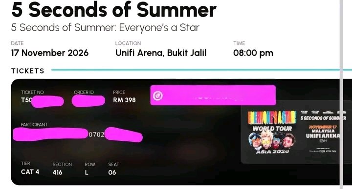 pedimgeni's tweet photo. WTS 5 Seconds of Summer Everyone's a Star Tour ⭐ Day 1
Date 🗓️ 17 November 2026

Price 💰 RM 299 (original price RM459)

Can negotiate ‼️✅

Section 🎫 CAT 4 | Section 416 (1 ticket)

Please DM for proof 

#5sos #5secondsofsummer #5sosinKL https://t.co/IkFhI8kxiL