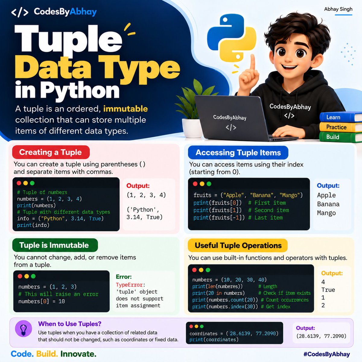 codesbyabhay's tweet photo. Learn Python data types with simple examples 🐍 Explore integers, strings, floats, booleans, lists, tuples, dictionaries, and sets.

#CodesByAbhay #AbhaySingh #Python #PythonProgramming #LearnToCode https://t.co/kghmCptL8P