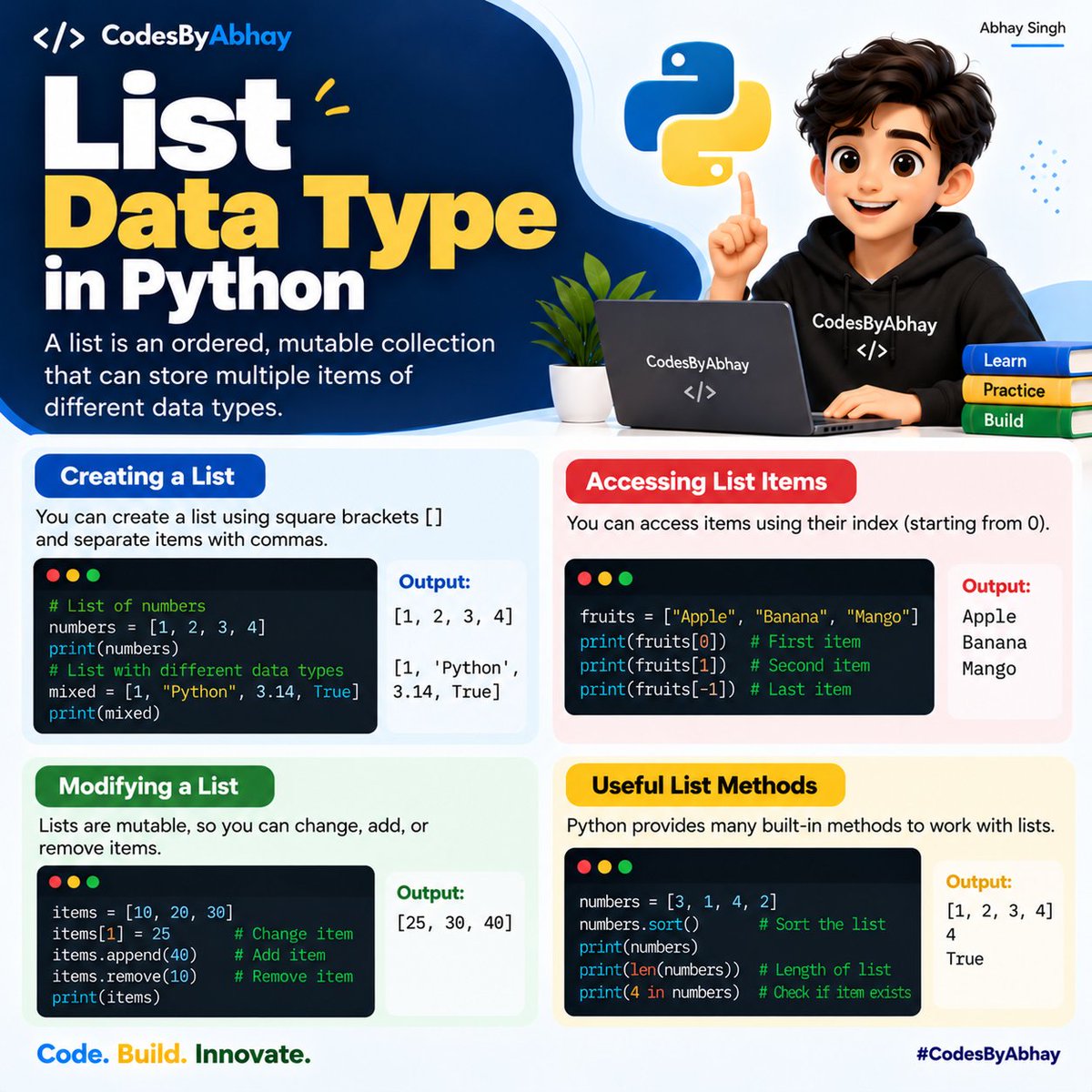 codesbyabhay's tweet photo. Learn Python data types with simple examples 🐍 Explore integers, strings, floats, booleans, lists, tuples, dictionaries, and sets.

#CodesByAbhay #AbhaySingh #Python #PythonProgramming #LearnToCode https://t.co/kghmCptL8P