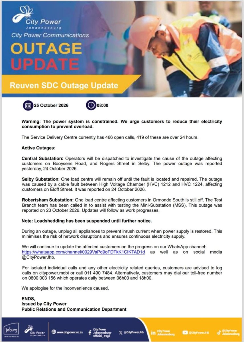 CityPowerJhb's tweet photo. #CityPowerUpdates #CityPowerOutages 
#ReuvenSDC 

The Service Delivery Centre (SDC) is actively managing 466 open calls.

Follow the City Power Reuven SDC Updates channel on WhatsApp: https://t.co/FmeptkZiNg ^LP https://t.co/nbdxHY2RMJ