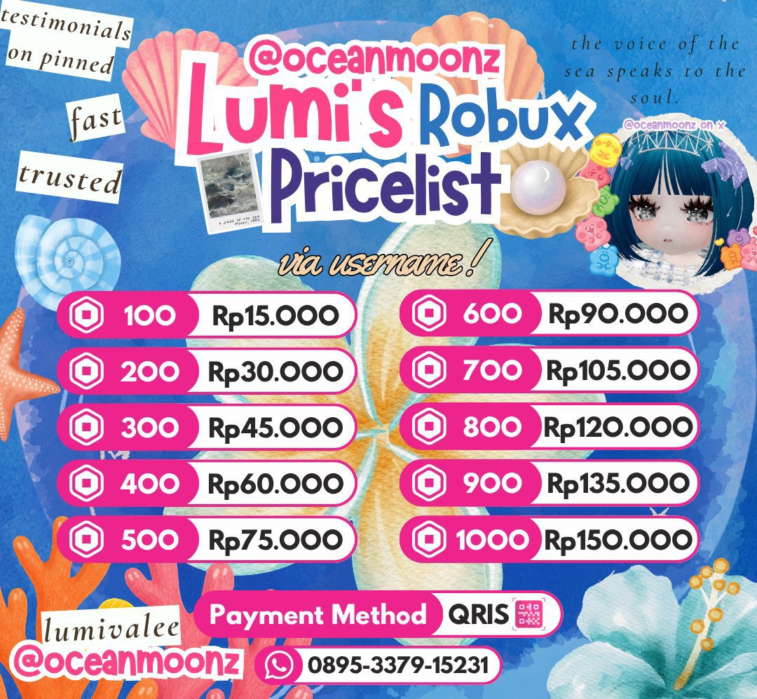 oceanmoonz's tweet photo. ‧₊˚ ⛲️ Ready robux via send yapp ๋࣭ ࣪ ˖🌺🌺

100 RBX ➔ Rp 15.000
200 RBX ➔ Rp 30.000
500 RBX ➔ Rp 75.000
1.000 RBX ➔ Rp 150.000

❤︎ Fast process
❤︎ Order https://t.co/Zib54NTzDc 
❤︎ Testi cek pinned aku / https://t.co/PxcYi8FR0V https://t.co/2sB9Mm1GLF