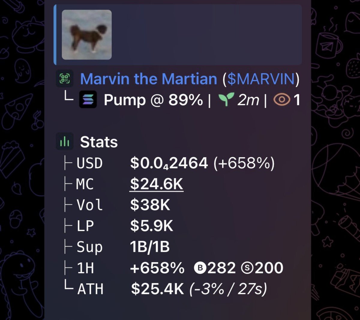 1__Wallstreet's tweet photo. $Marvin   just ripped  7.7x 🚀
📈 From $24.6K → $189k MCAP 🔥

I drop my highest-conviction Solana memecoin plays early in my private alpha TG — before they go parabolic.

#Solana #SolanaMemecoins #Memecoin

DM now to lock in the next run https://t.co/eYpShzPEEQ