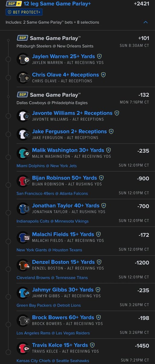 MoneyABq's tweet photo. NFL ALT PROP LAY

every single one of these lines have hit for this player this season… do they all keep the streak going?? 

For +2,000 I’m willing to find out
@Playbook https://t.co/htaUVKM0cE