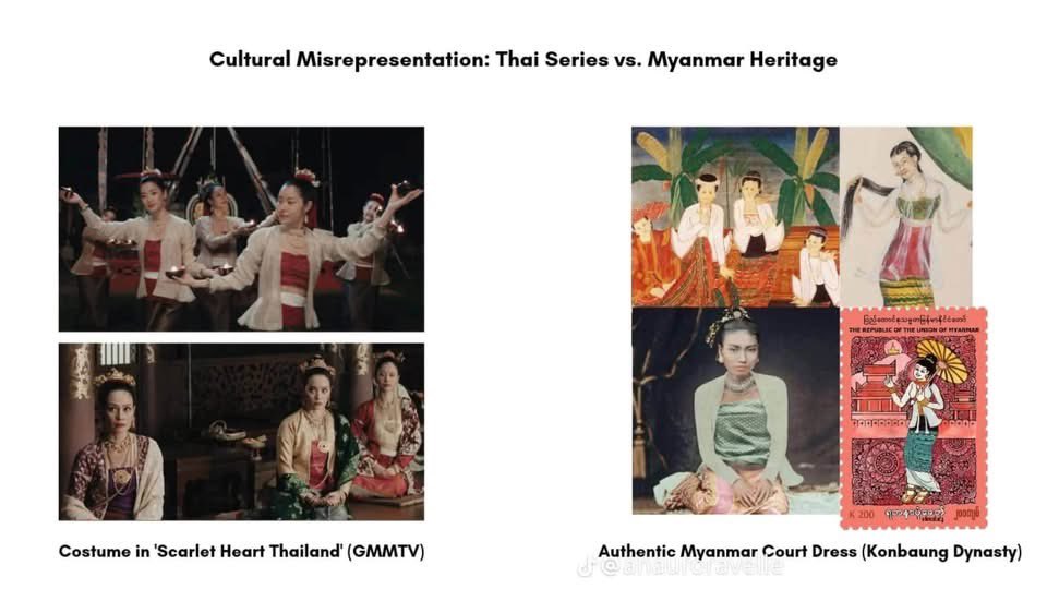 seatalaymyanmar's tweet photo. We sincerely hope that appropriate on-screen credits will be given when the series is released.

@GMMTV @ScarletHeartTH @Giggoo_ 

While we understand that it may be described as being “inspired by” our culture, seeing elements of our cultural heritage incorporated into the series without proper acknowledgment is truly disheartening. International audiences who may not be familiar with our culture are also watching this series, and it would be unfortunate if this led to misunderstandings or misconceptions about our cultural identity and heritage.

It would be wonderful if we could all show mutual respect for one another’s cultures, acknowledge the origins of cultural elements, and appreciate the beauty of each other’s heritage with understanding and respect. ❤️

CULTURAL HERITAGE RECOGNITION

#RecognizeMyanmarCulturalHeritage
#CulturalCreditMatters 
#ScarletHeartTH