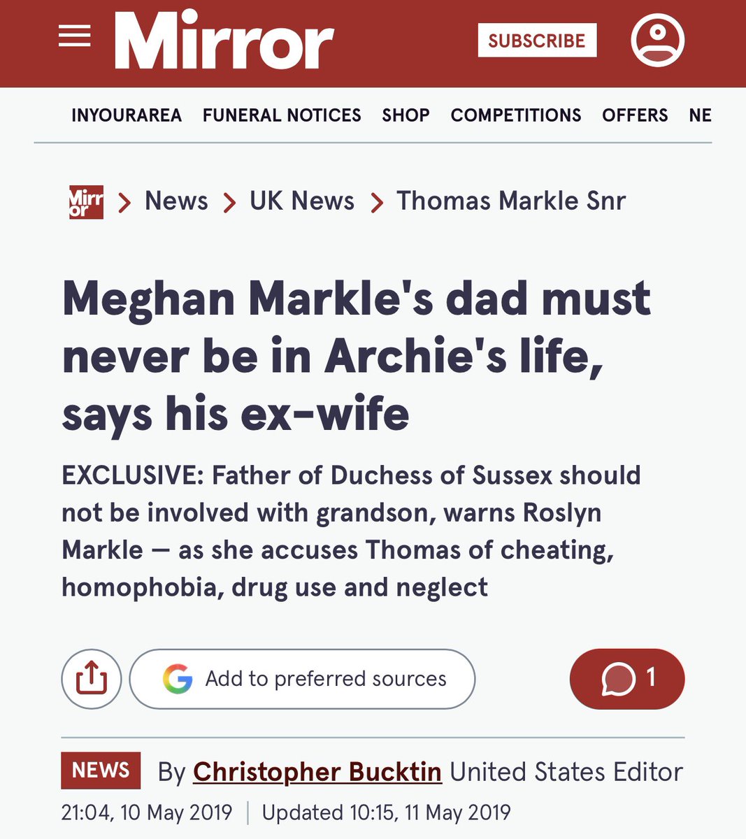 InsightfulWatch's tweet photo. And what do we have here?

This article is from 2019.

Yes, the same 2019 that Meghan Markle viewed a copy of a ‘letter’ she claims to contain “troubling and disturbing” allegations about her father.

Obviously the estranged first wife of Meghan Markle’s father was earning some much needed money by speaking to the media. It looks like she did the interviews and sent this ‘letter’ at the same time. None of her allegations concern child s** abuse.

Here is the excerpt from the article:

“Father of Duchess of Sussex should not be involved with grandson, warns Roslyn Markle — as she accuses Thomas of cheating, homophobia, drug use and neglect…Roslyn Markle, who has kept a dignified silence throughout three years since Prince Harry met Meghan, claims he was an “awful father” who showed little interest in their young children.

And she warned Meghan against making up with her estranged dad so he can be a proper grandad to Archie as she feels he will not change.

She also claims he cheated on her, including with her relative, hurled abusive, foul-mouthed outbursts at her and starved her of cash so she ended up shoplifting for food.

“While he portrays himself as a loving father, he was anything but to our two children during our marriage. It may sound cliched but a leopard does not change its spots.
Repeatedly he has shown to Meghan he cannot be trusted. She must know that now. I speak not out of bitterness, my life moved on many years ago, but out of concern”.

“Archie deserves to be brought up in a happy home, not in this vengeful situation that has been created.”

“Tom was an awful father. What makes him think he’d be a great ­grandfather to Archie?”

Take note that both Samantha and Tom Jr left their mother and came to live with me because of her numerous bad habits and abuse.”

Meghan Markle’s statement released immediately after her brother sold his ‘story’ to the media and it is framed in such a way as to imply the ‘letter’ from her father’s first wife included child abuse allegations.

Were the police concerned about her father’s first wife as a potential ‘security threat’ given her stated animosity, anger and her focus on getting a message to Meghan about why she thought her father is a nasty man rather than, as Meghan implied in her statement, being concerned about him owing to child abuse allegations?

Show the ‘letter’ Meghan Markle.
