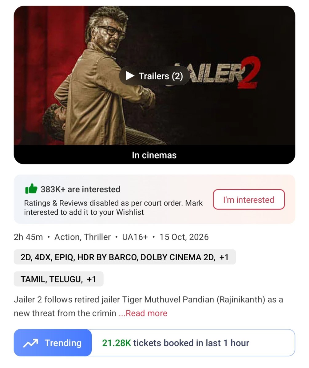 filmy_view's tweet photo. #Jailer2 
10-11am   
Tickets sold on BMS- 24090
Yesterday- 23830

Total from 6am- 59940 
Yest- 65550 https://t.co/Sq9t9FhsZ5