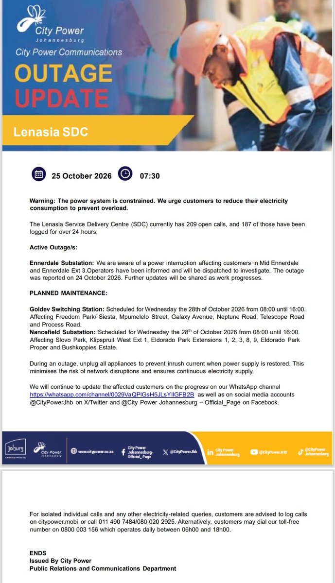 CityPowerJhb's tweet photo. #CityPowerUpdates #LenasiaSDC 

Kindly see the latest outage update below ^LT

Follow the Lenasia SDC Outage Updates channel on WhatsApp: https://t.co/DCWLzlcRoy… https://t.co/3si6wW5TtR