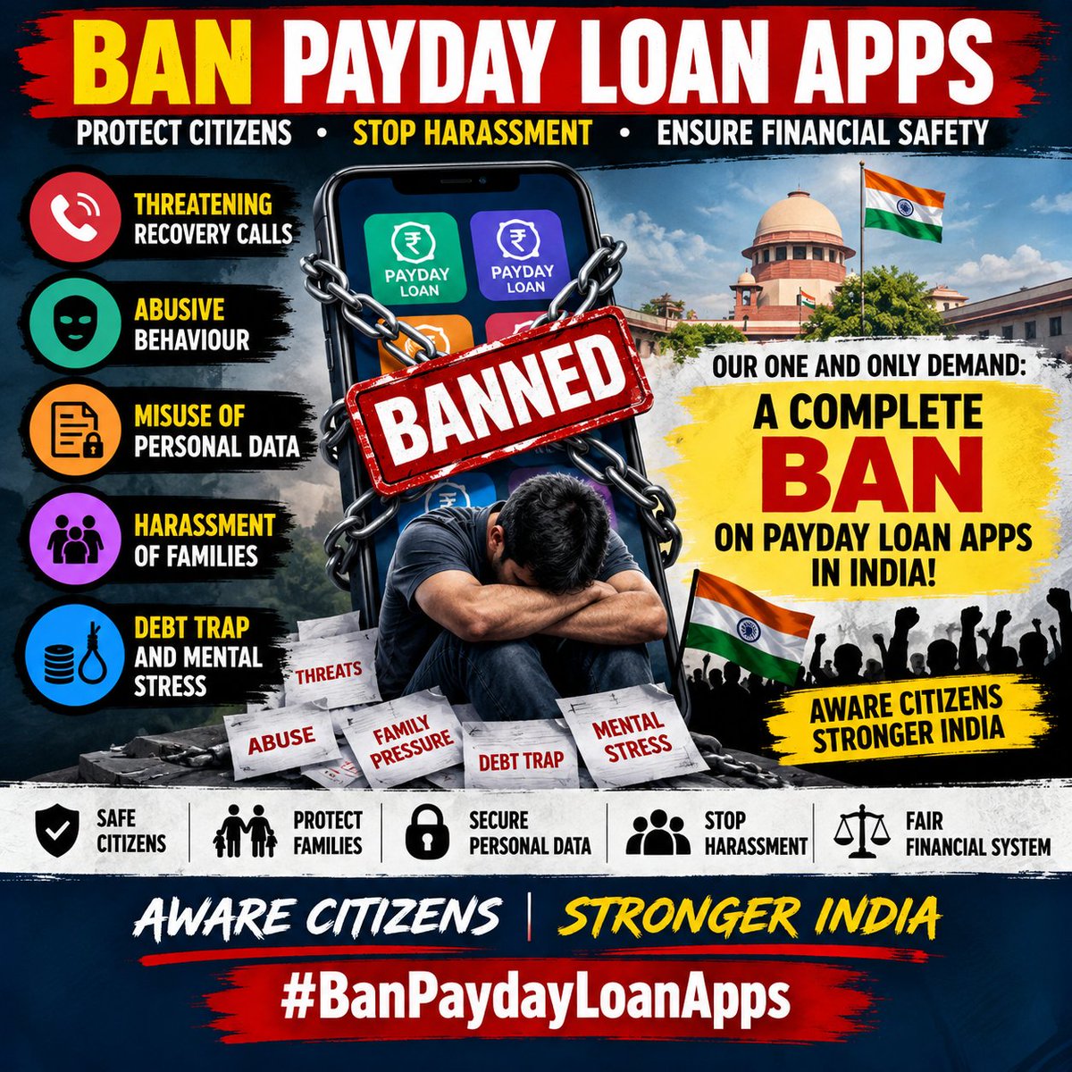SachKaSignal's tweet photo. 🚨 PAYDAY LOAN APPS: HOW MANY WARNINGS WILL IT TAKE BEFORE INDIA ACTS?

Citizens have raised serious concerns about alleged recovery threats, abusive behaviour, misuse of personal data and harassment affecting families. These concerns deserve attention—not silence.

💥 TO THE PAYDAY LOAN APP INDUSTRY: Financial hardship is not permission to intimidate, humiliate or violate anyone’s dignity.

💥 TO THE GOVERNMENT OF INDIA AND RBI: Citizens deserve a decisive response. Why should people continue to raise these concerns without knowing whether their voices will lead to meaningful change?

We refuse to let this issue disappear from public discussion. We will continue raising awareness and demanding accountability through peaceful, democratic means.

🇮🇳 OUR ONE AND ONLY DEMAND: A COMPLETE BAN ON PAYDAY LOAN APPS IN INDIA!

Repost this message. Raise your voice. Help this demand reach every corner of India.

✊ Awaaz Uthao, Anyay Ke Khilaf!

#BanPaydayLoanApps

@RBI @RBIsays @FinMinIndia @PMOIndia @narendramodi @nsitharaman @GoI_MeitY @jagograhakjago @Cyberdost @MIB_India @DoT_India @IndianCERT @aajtak @ndtvindia @IndiaToday @ANI @timesofindia @IndianExpress @the_hindu @EconomicTimes @RituChoudhryINC @aarushisharmaX @khushbookhan390 @shubhankrmishra @abhisar_sharma @ravish_journo @SyyedSuhail @DeepikaBhardwaj @romanaisarkhan @dhruv_rathee