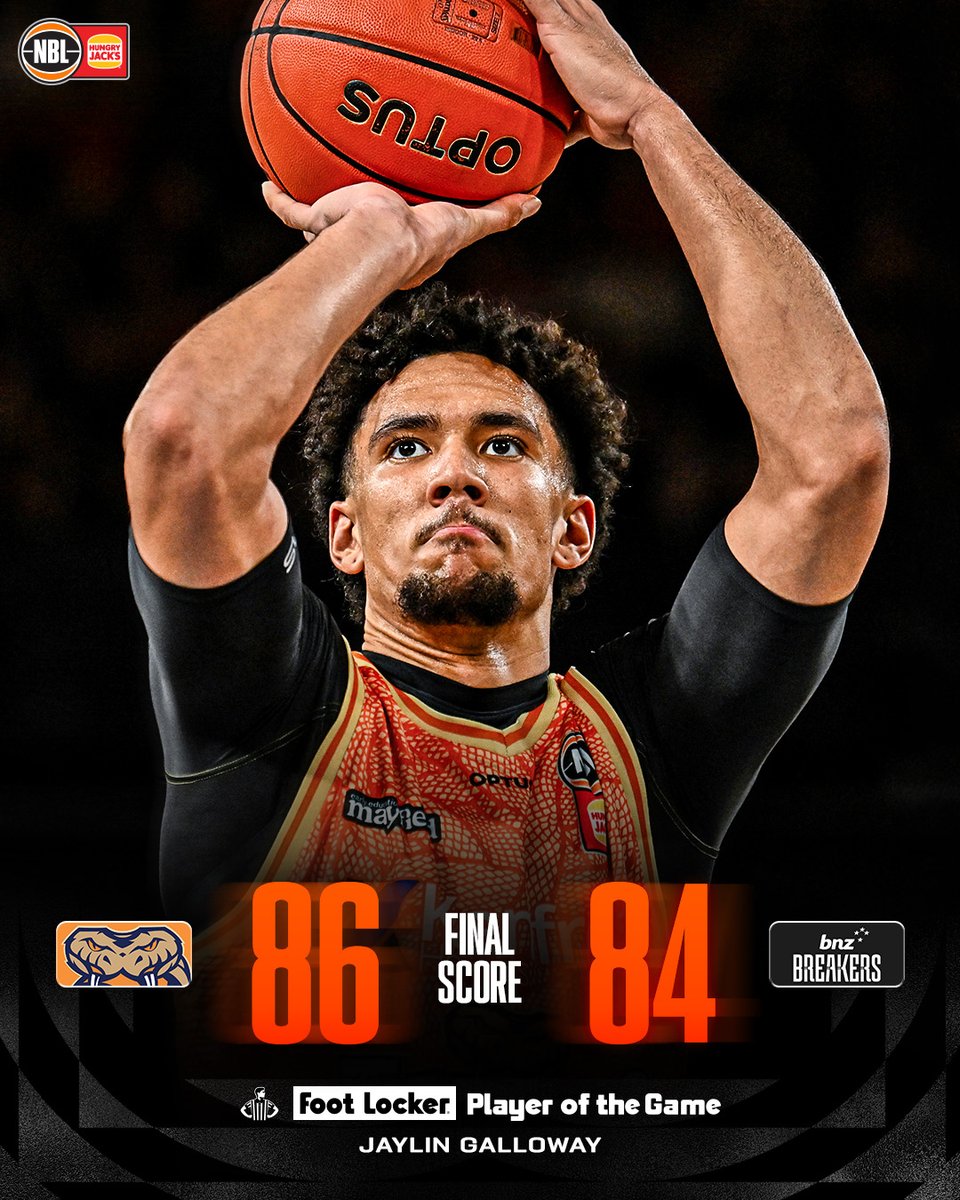NBL's tweet photo. The Taipans survive a dramatic ending against the Breakers and remain undefeated at home 🐍

Jaylin Galloway scored 18 points in his Taipans debut and is your Foot Locker Player of the Game 👟 https://t.co/6cFvWGdIzs