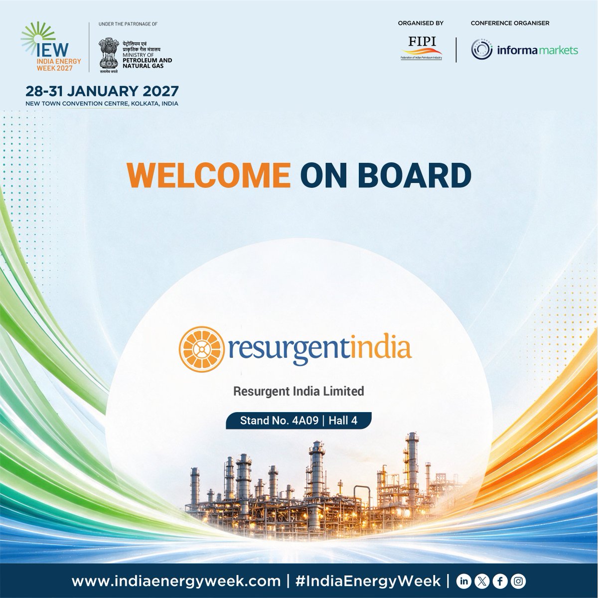 IndiaEnergyWeek's tweet photo. We are pleased to welcome Resurgent India Limited to India Energy Week 2027 as an exhibitor.

Join Resurgent India at Stand No. 4A09 | Hall 4 at the New Town Convention Centre, Kolkata, from 28–31 January 2027, connecting with key players from across the global energy sector.

For more details, visit https://t.co/6Y4t6XQUVY

@PetroleumMin @fipiind @DgFipi @iResurgentIndia 
@MCSquarePlus 

#IndiaEnergyWeek #IndiaEnergyWeek2027 #IEW2027 #IEWKolkata2027 #EnergyIndustry
