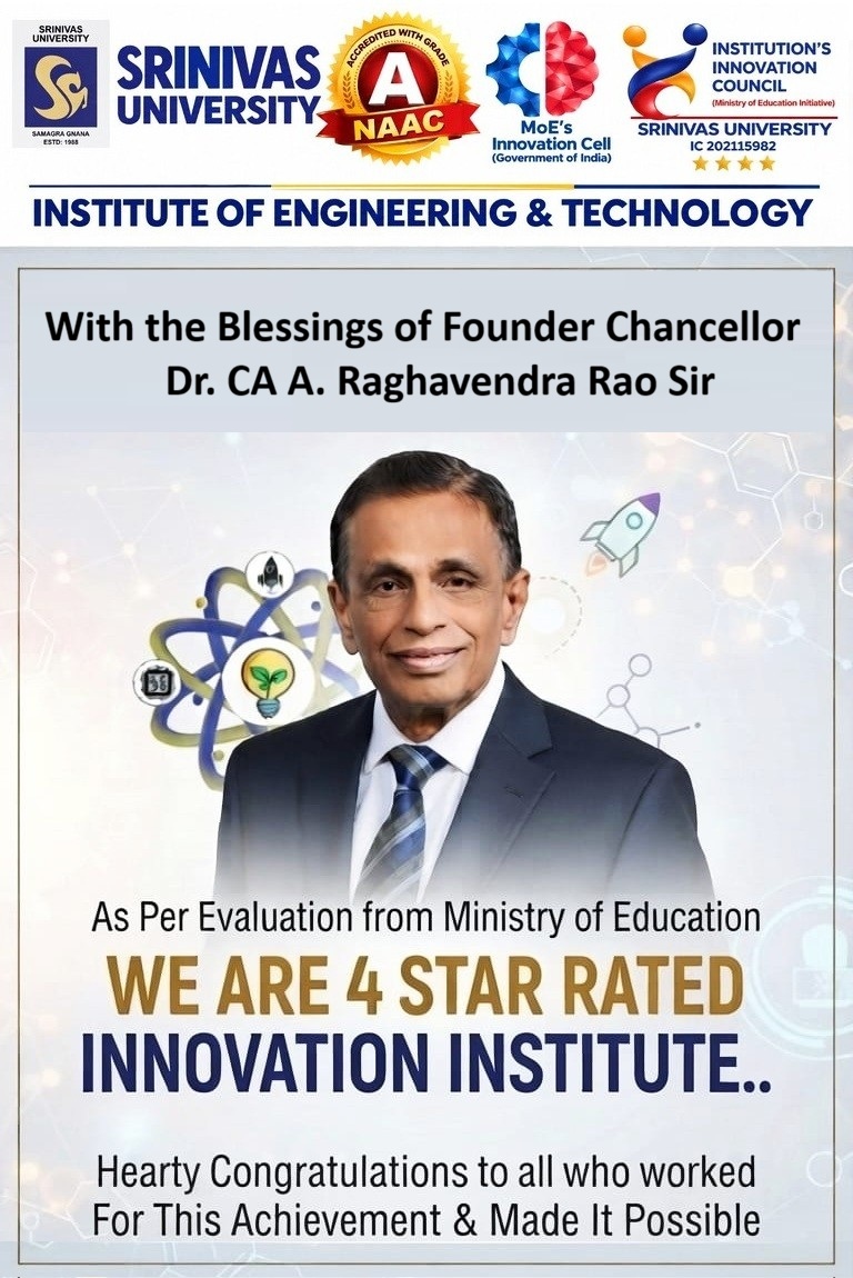 SUIET_Mukka's tweet photo. We are pleased to announce that Srinivas University Institute of Engineering &amp; Technology, SUIET Mukka, has been awarded 4-Star Rating by @mhrd_innovation, Ministry of Education, Govt of India.
#SUIETMukka #SrinivasUniversity #EngineeringCollege #Mangaluru #Mangalore #Mukka (1/n) https://t.co/hN0G5SPGPh