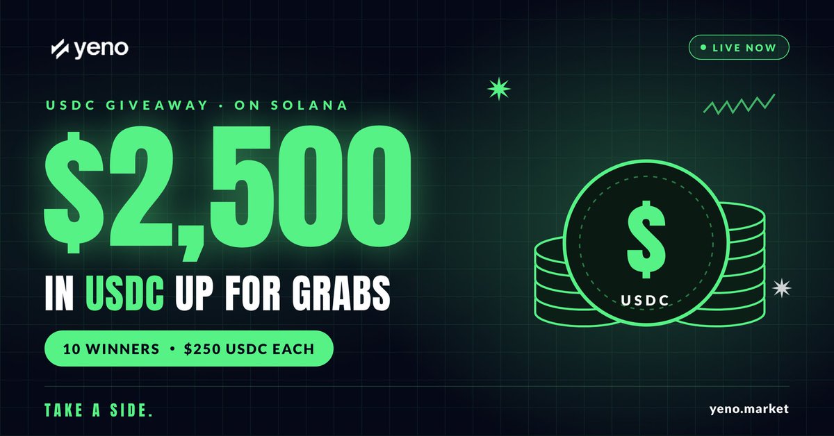 YeNoMarkets's tweet photo. 🎁 $2,500 USDC GIVEAWAY ON SOLANA!

10 winners. $250 USDC each. 🟢

🔮 Make your call: Will SOL hit $500 by December 31, 2027?

To enter:
✅ Follow @YeNoMarkets
❤️ Like & RT
👥 Tag 2 friends
💬 Reply YES or NO with your prediction

Make your prediction on YeNo 👇
🔗 https://t.co/f58l7G4skv