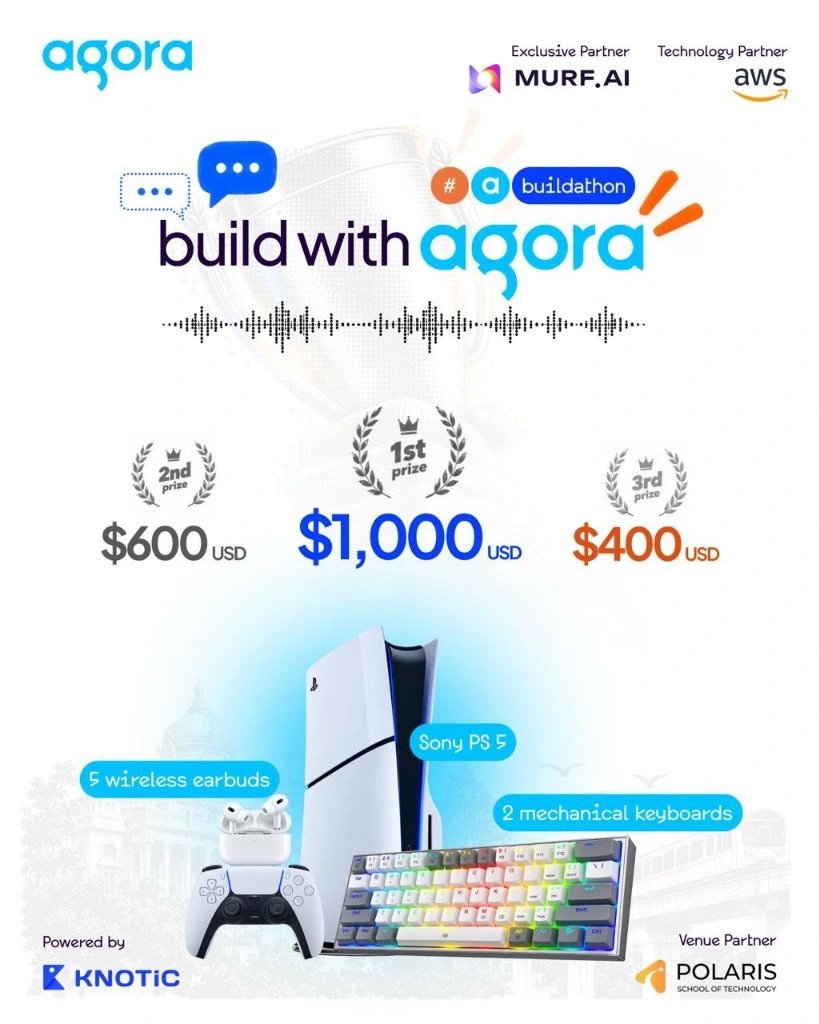 HarshKu83266839's tweet photo. Voice AI is the next big thing!!✨️

Build a voice agent in one day. Win a Sony PS5, mechanical keyboards and wireless earbuds 🎁🏆

Build with Agora x KNOTiC, Bengaluru, 21 Nov.
Registration:
https://t.co/oJRVoKp2Ef

#BuildWithAgora #VoiceAI #KNOTiC  @MurfAIStudio @vanisen6666 https://t.co/ig3Iw9ZsZQ