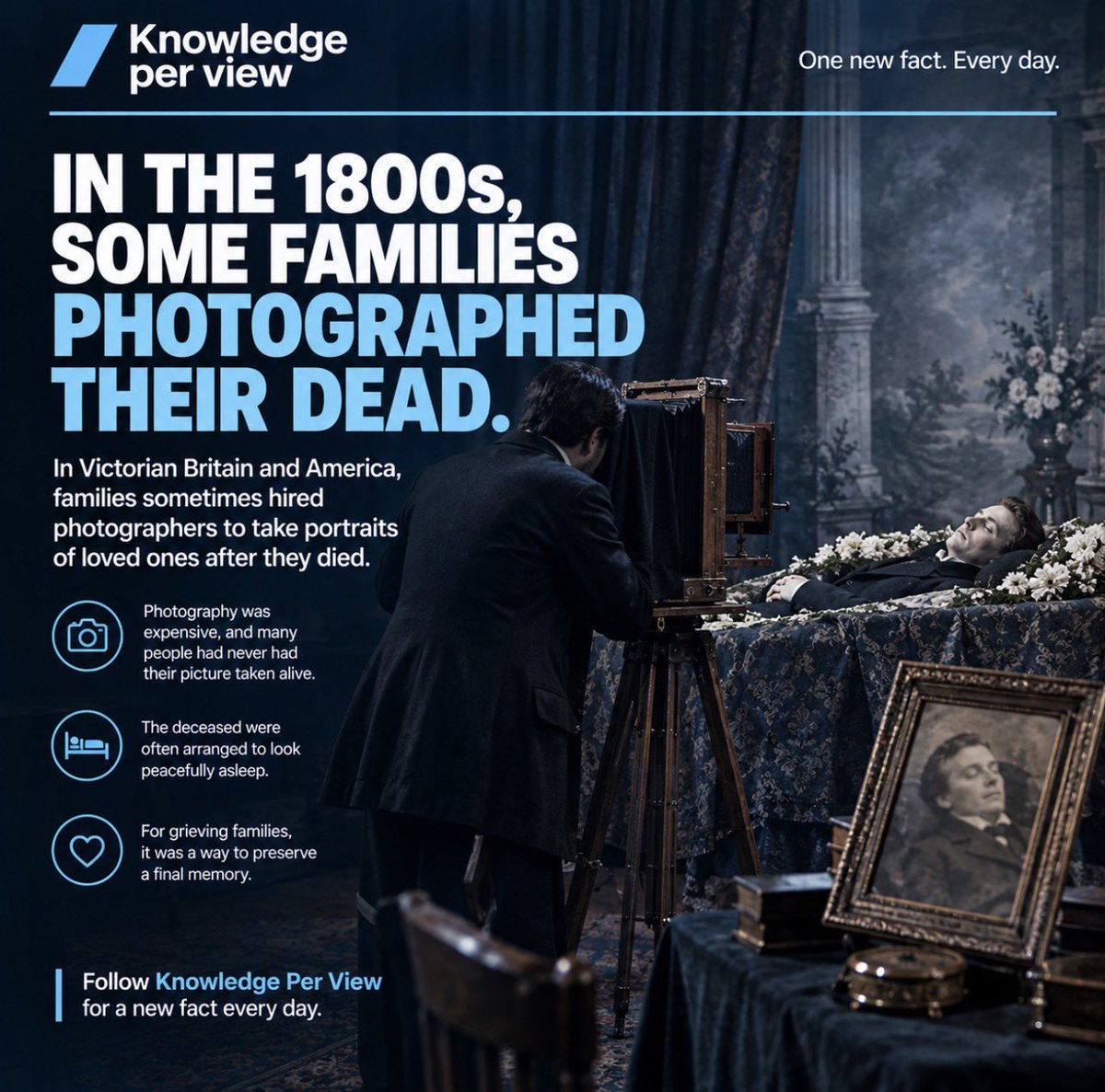 KnowledgePV's tweet photo. IN THE 1800s, SOME FAMILIES PHOTOGRAPHED THEIR DEAD.

In Victorian Britain and America, families sometimes hired photographers to take portraits of loved ones after they died.

Why? Photography was expensive, and many people had never had their picture taken while alive…1/2 https://t.co/ZWCcpfSwqj