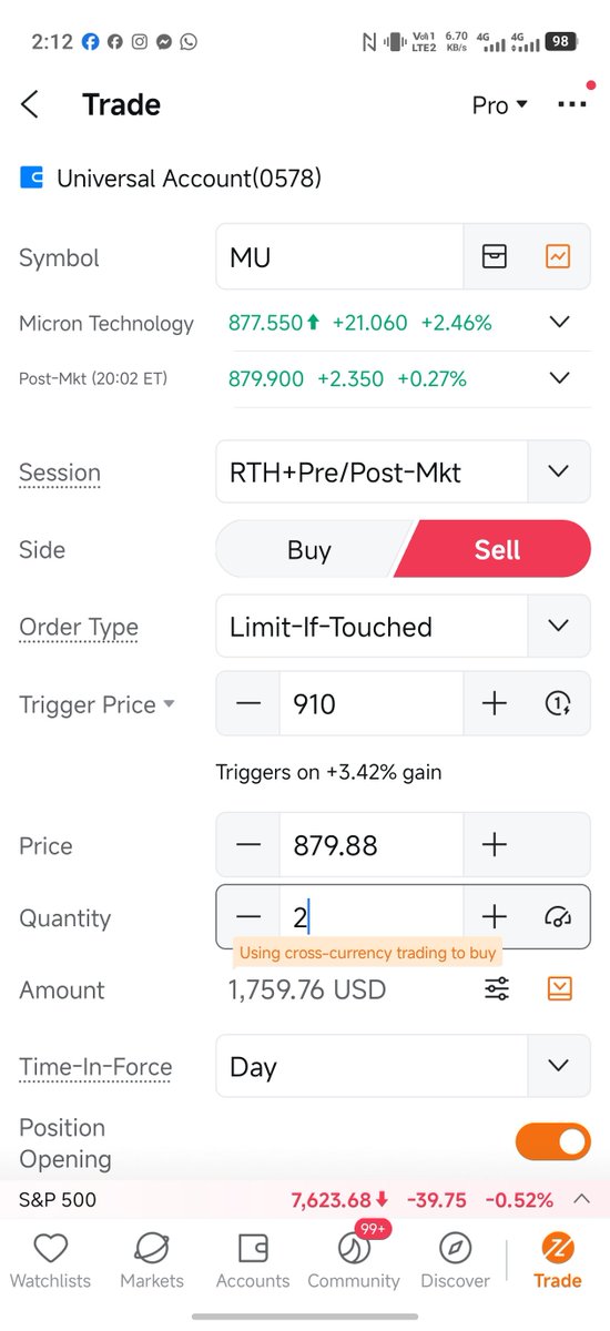 shawn_haha's tweet photo. Not every trading opportunity deserves a market order. With Limit-if-Touched on moomoo, a specified trigger can activate a limit order at the price I set. It is useful to understand the difference between triggering an order and actually getting it filled. 🥲🥲🥲 #micron https://t.co/vX2A8SD0Zl