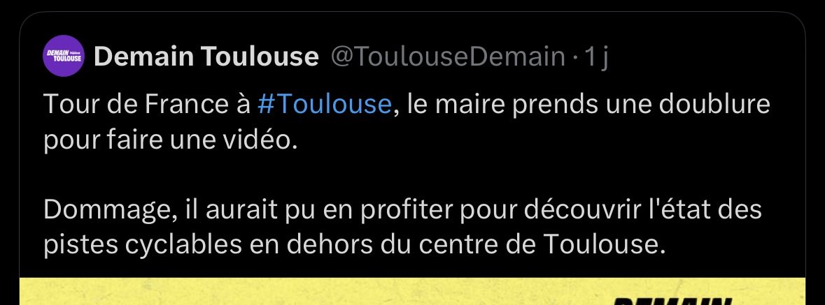 normalcyclist's tweet photo. @eliottktm @VeloToulousain @EmilionEsnault @ToulouseDemain @jlmoudenc Faut retourner au CP. Les mots ont un sens.

Personne ici ne semble critiquer le TdF dans l ville, mais la com’ ratée du mer qui aurait pu constater l’état lamentable des infrastructures cyclables. 

🤯 https://t.co/COmZiclDlQ