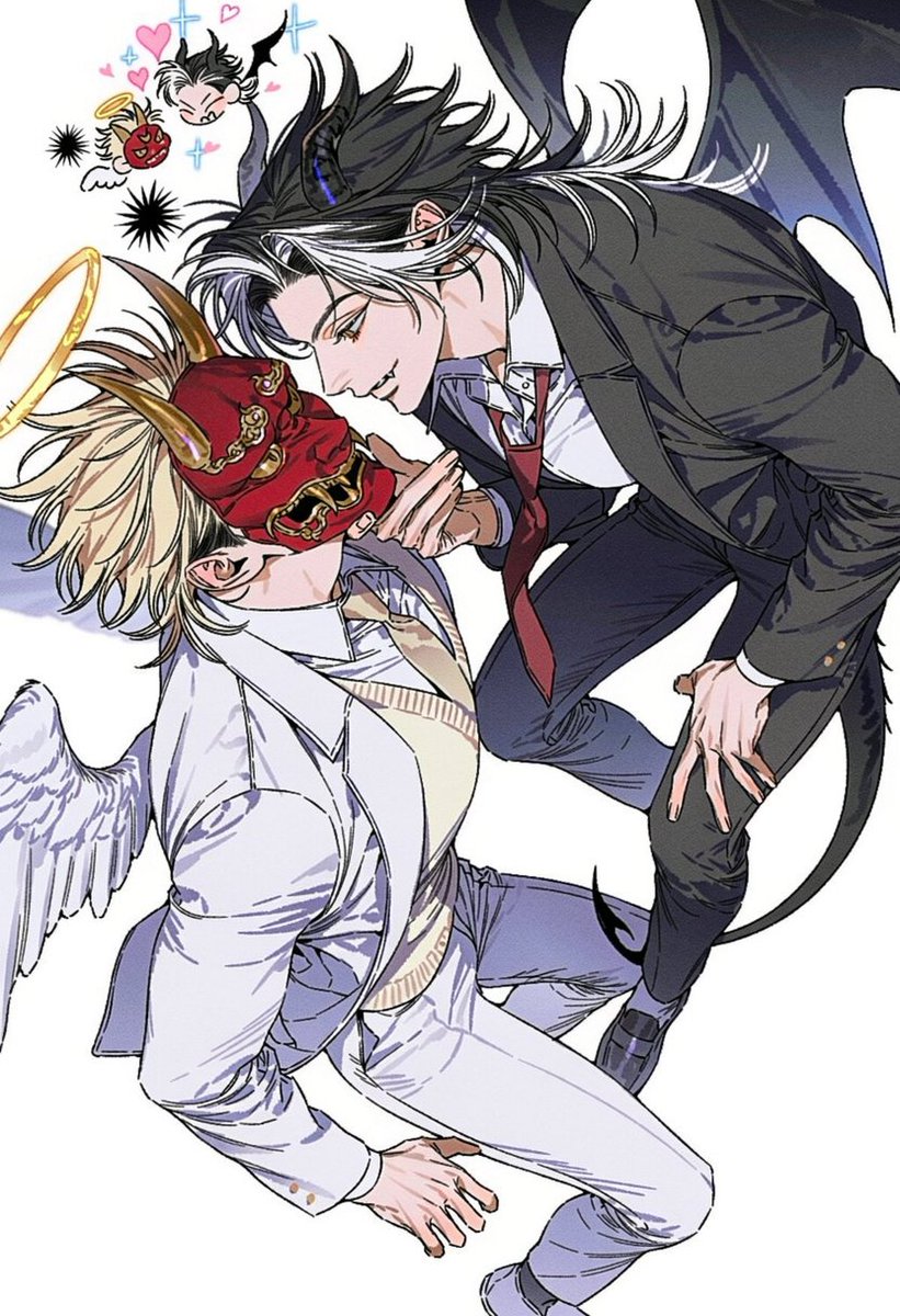 leftbypeace's tweet photo. * 😇😈
*  자유롭게 사용해 주세요.

Prompt

공용: 2people, angel and devil, 1.6::vertical composition, dynamic floating poses, diagonal arrangement::, 1.7::angel on lower left, devil on upper right, facing each other in midair::, 1.8::devil gently holding angel's chin with one hand, tilting his face upward::, 1.5::devil leaning close to angel's face, playfully flirting::, angel leaning backward, close faces, romantic tension, dynamic foreshortening,  pure white background, cute stylized anime illustration, clean lineart, soft pastel accents, black comic starbursts, pink hearts, blue sparkles, two tiny chibi versions of angel and devil floating above,

A: 1.6::floating backward, upper body leaning away from B::, one leg extended, other knee bent, chin gently lifted by B's fingers, wide eyes, flustered expression, faint blush, slightly parted lips, looking up at B,  white school uniform blazer, white dress shirt, pale gold necktie, ivory knit vest, white tailored trousers, white loafers, subtle gold trim, neat and elegant, 1.5::small white feathered wings, glowing golden halo::

B: 1.7::floating diagonally above A, bending forward close to A's face::, 1.8::one hand gently holding A's chin between thumb and fingers::, other hand resting near thigh, one knee raised, other leg bent backward, half-lidded eyes, charming mischievous smirk, cocky flirtatious expression, looking into A's eyes,  black school uniform blazer, white dress shirt, loosely knotted burgundy necktie, black tailored trousers, black loafers, slightly unbuttoned collar, relaxed uniform fit, 1.5::small black horns, large black bat wings, pointed devil tail::