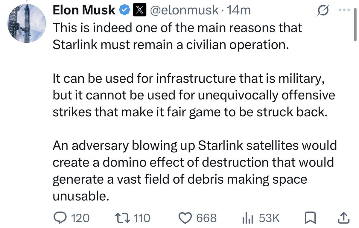yarotrof's tweet photo. Umm, so does this apply to the U.S. military too? SpaceX will disable Starshield when it thinks that the U.S. military defending Taiwan, for example, is using the network for “unequivocally offensive” strikes? Or does this only apply to Ukrainians? https://t.co/HJQAbrCWX4
