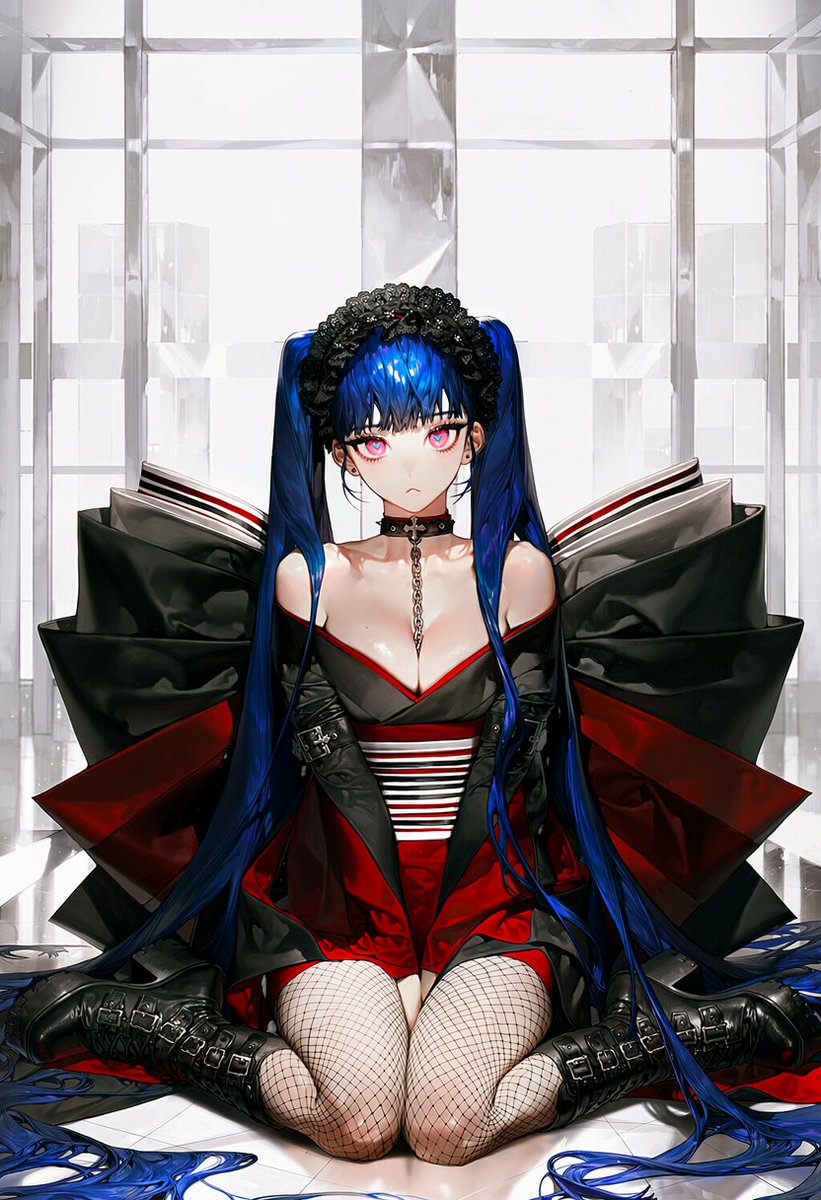 OiCLhoXau40xUBx's tweet photo. #링고의_옷장

NO. 34

1girl, solo, 1.5::full body shot, wide shot::, 3.2::seated with knees touching the ground::, clavicle and shoulders exposed, 4::black and red color clothing theme::, lace headdress, off-shoulder mini dress, collar, Black buckle decoration on the upper arm, long and wide arm sleeves, kimono-inspired dress fit, rhombus knot resembling a kimono knot, loosely woven mesh tights, 1.5::choker wrapping around the neck, cross-stud, chain, chain necklace draped across the chest and between the breasts::, long ankle boots with regular buckle decorations, 2::ribbon bow made of two harmoniously layered obi sashes, large main obi black ribbon decoration at the back, layered obi sash with white, red, and black stripes, avant-garde volume::, 1.5::enormous sculptural obi bow attached to the back::, background : minimalist structural white space, empty white interio.