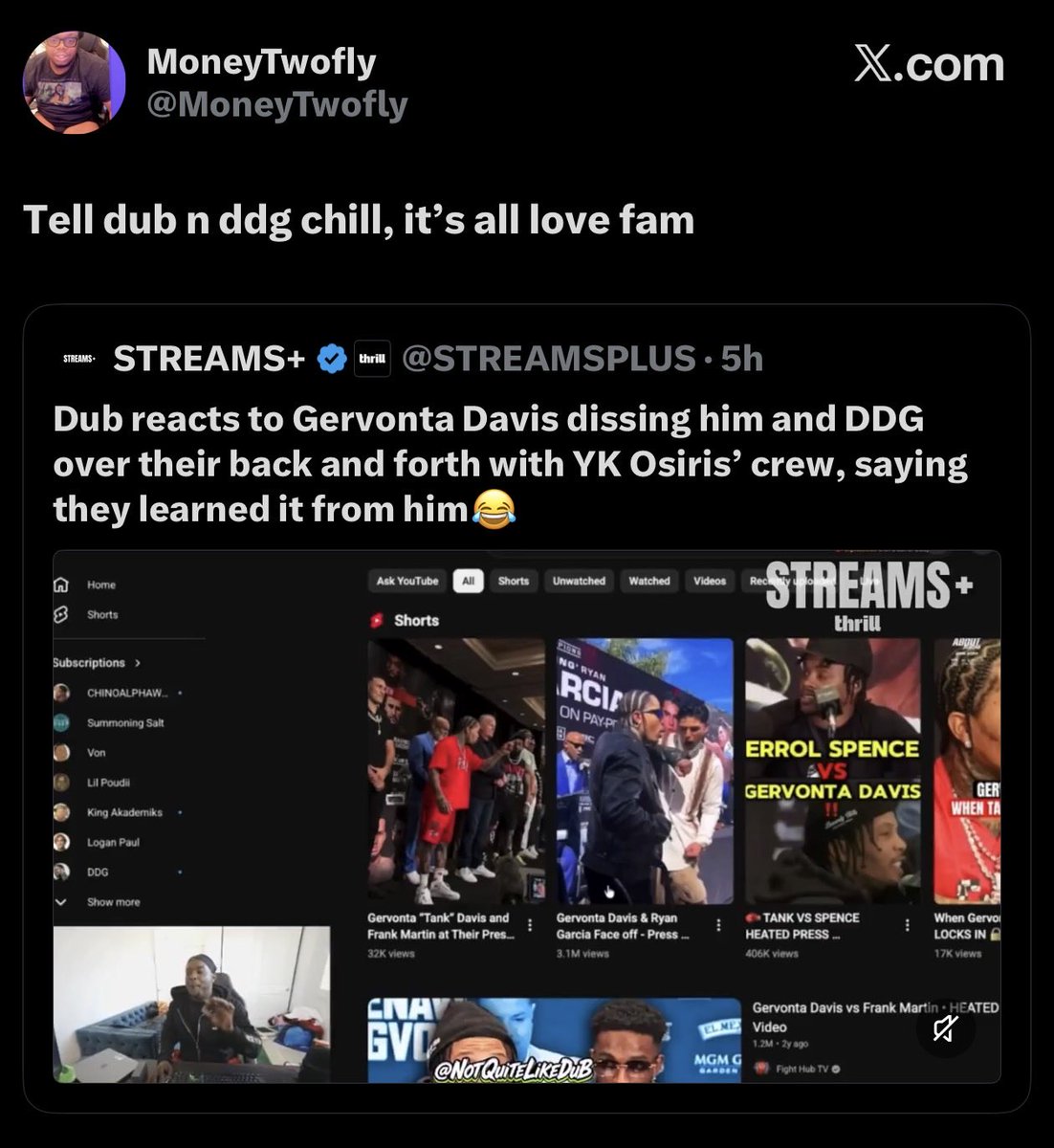 ytcliplug's tweet photo. Gervonta Davis clears the air on where he stands with DDG &amp; DuB saying “It’s all love” between them😳👀 https://t.co/ggwBt2bAsr
