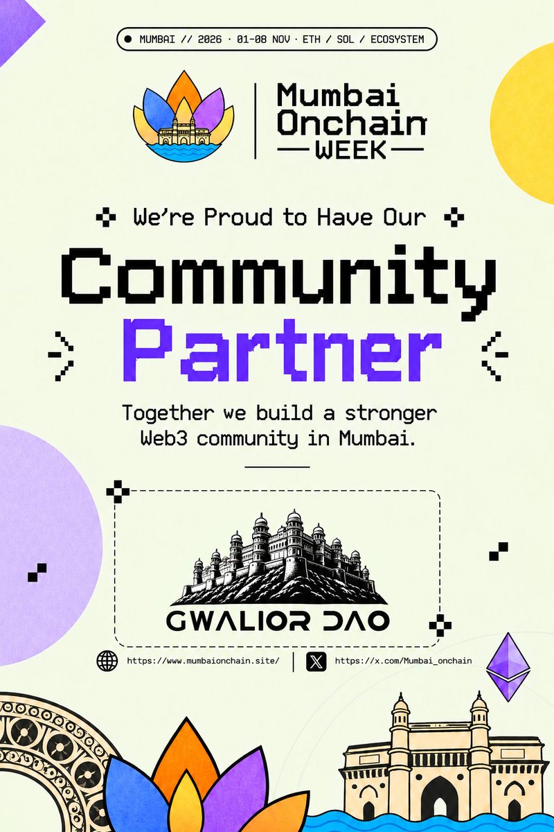 Mumbai_onchain's tweet photo. Mumbai Onchain Week lineup just got stronger!
Welcome @gwaliordao_ 🤝 as an official Community Partner!
📲 Download Mumbai Onchain now
https://t.co/DHweeN62vS 
 discover events, find builders &amp; connect with the Web3 fam! 
📍 Mumbai | Nov 1–8 | 
Devcon Week 🇮🇳 https://t.co/6qYSObvHDx