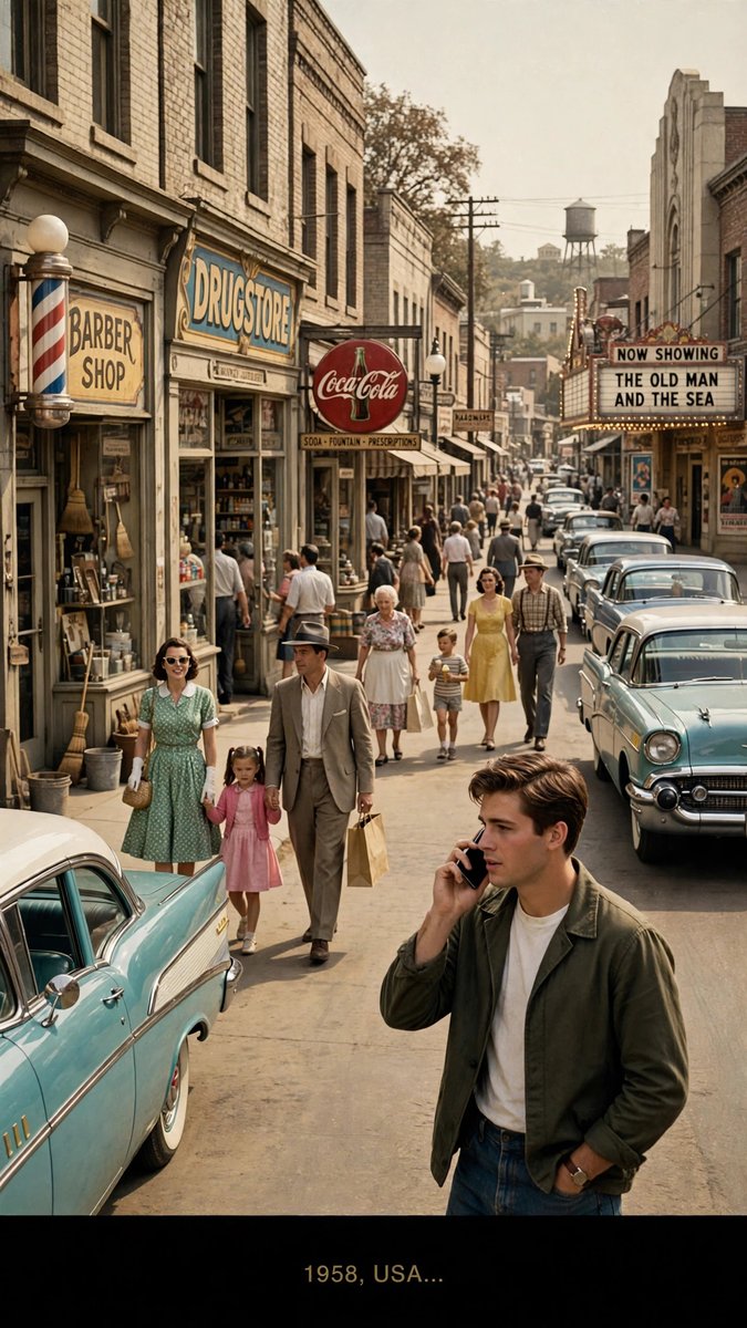 mrjam804's tweet photo. 🇺🇸 This main street is from 1958... but ONE thing doesn't belong. Can you spot it?? 🔎 #1950s #Nostalgia https://t.co/npC2jlvyYc