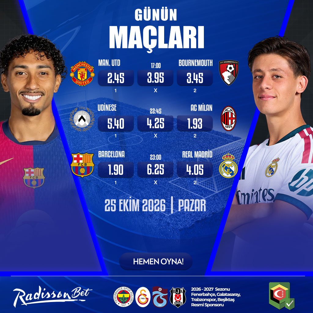 xlRadissonl's tweet photo. 🏆Tüm Maçlar En Yüksek Oran ve Bonuslar İle #RadissonBet'te!

⚽️Man. Utd - Bournemouth
⚽️Udinese - AC Milan
⚽️Barcelona - Real Madrid

✔️#Radissonbet'te Günlük ''Yarım Milyon Dolar'' Çekim İmkanı! https://t.co/uSOO32gCBO