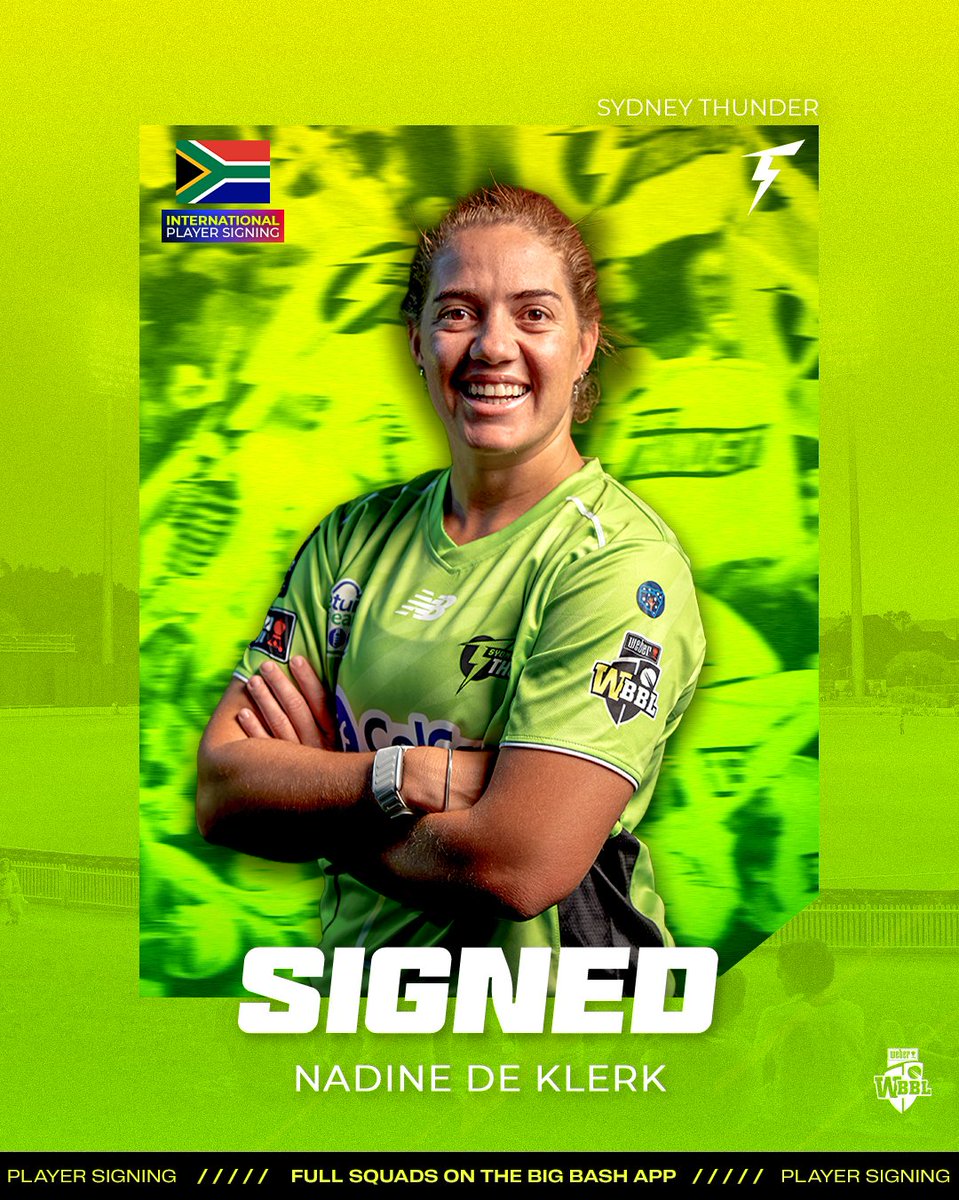 WBBL's tweet photo. JUST IN: After 33 games with Brisbane Heat, South Africa allrounder Nadine de Klerk is heading to Western Sydney ⚡

Full story on the Big Bash App 📲 #WBBL12 https://t.co/J7vEjM23GC