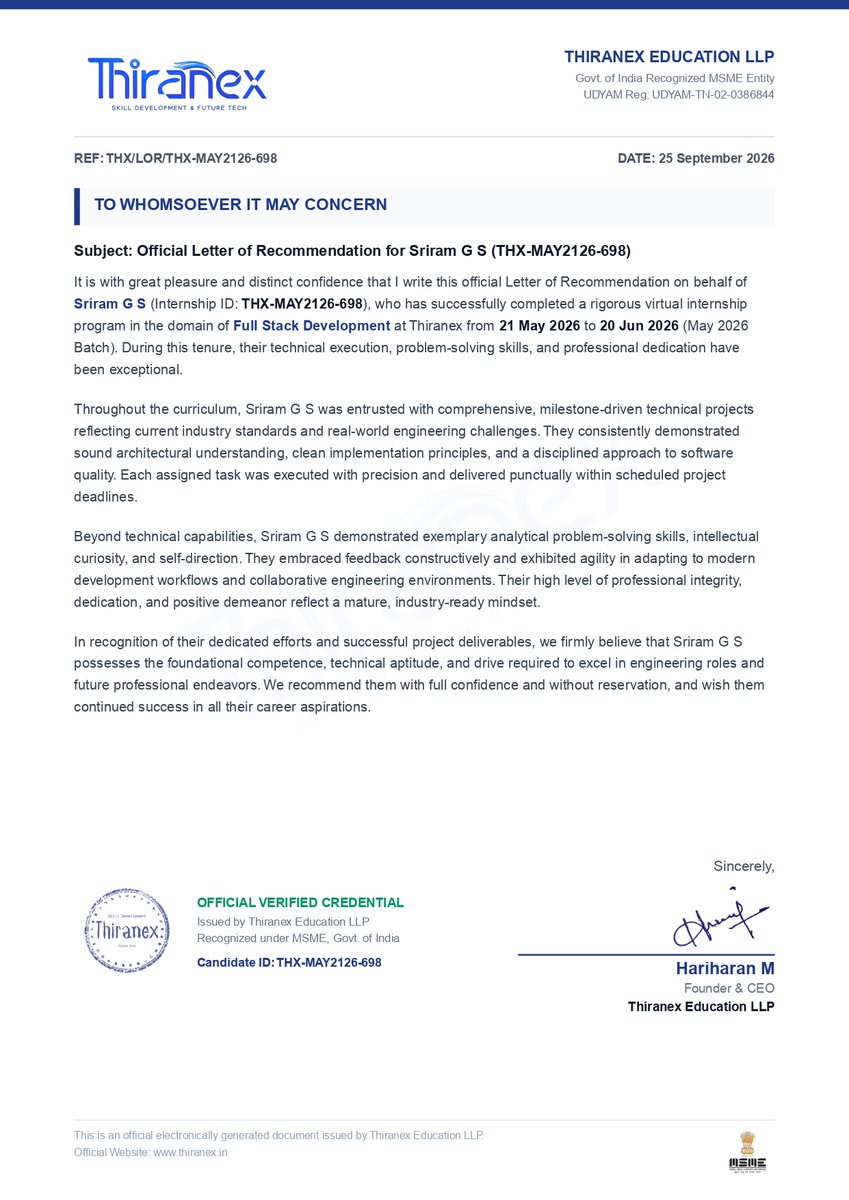 gssriram9050's tweet photo. 🎉 Grateful for the Letter of Recommendation from Thiranex after my Full Stack Development Internship! 🚀
Thankful for the learning experience and recognition. 💻🌱
#Thiranex #FullStackDeveloper #FullStackDevelopment #Internship #VirtualInternship https://t.co/sht6Et7pXZ