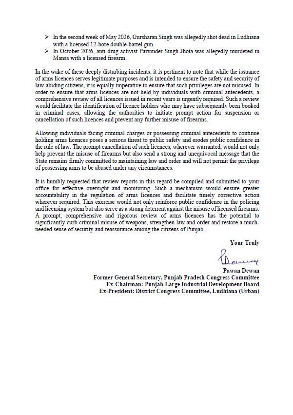DewanPawan's tweet photo. I have written to the Punjab Governor @Gulab_kataria and @DGPPunjabPolice Gaurav Yadav, seeking a state-wide review of arms licences amid growing misuse of licensed firearms in murders. A review is a must to ensure that firearms remain in the hands of responsible citizens. https://t.co/y0FcjDrHmC