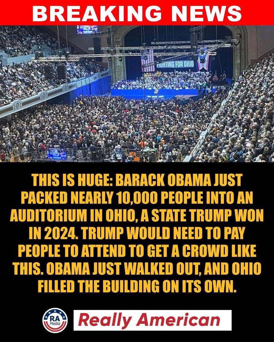 Gianl1974's tweet photo. THIS IS HUGE: Barack Obama just packed nearly 10,000 people into an Ohio auditorium, a crowd Trump would need to pay people to attend to match

Barack Obama just showed what a real crowd looks like.

At his first campaign rally of the fall in Cleveland, Obama filled the Public Auditorium, which holds more than 10,000 people, to near capacity, according to NBC News. The floor was packed. The balconies were packed. The aisles were jammed with supporters holding Fighting for Ohio signs.

They came to see Obama, and to cheer on Amy Acton for governor and Sherrod Brown for Senate.

And Ohio showed up in force.

This is a state Trump won in 2024. Both big races there are toss-ups this year, and Democrats are hopeful of winning the governorship for the first time in 20 years.

So here's a question for the Trump campaign.

Could Trump fill a room like this in Ohio right now? Only if he would need to pay people to attend.

Every rally has a crowd. Not every crowd is the kind that makes a former president tell the room to settle down before he can even start speaking.

Obama did it in Cleveland, and he had another stop on the schedule the same day.

Trump has been on the road this month too, with another Ohio stop planned this week. We'll see how many seats are full and how many are paid for.

Obama didn't need to ask twice. Ohio filled the building on its own.