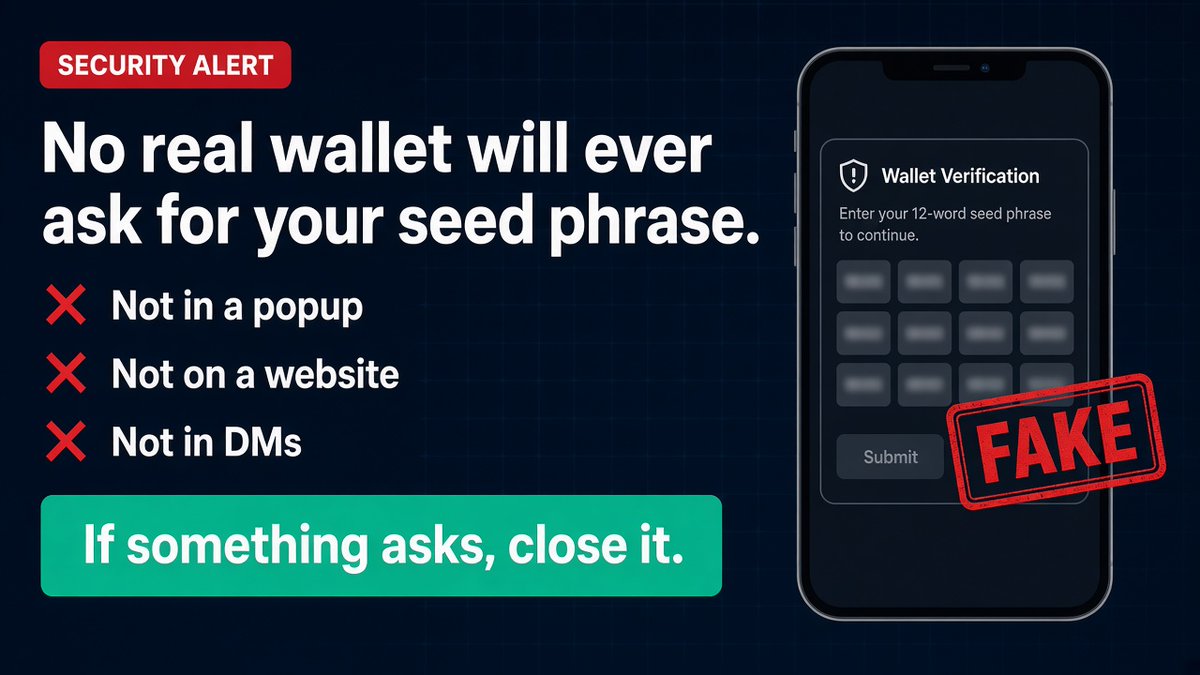 james_web3sec's tweet photo. A new drainer kit claims it can fake the pop-ups of 20+ wallet extensions, plus fake airdrops. The claims are unverified, but the rule never changes:

No real wallet will ever ask for your seed phrase. Not in a popup, not on a website, not in DMs.

Already entered it somewhere? Move your funds to a brand-new wallet now. A leaked seed can be drained again every time you top it up.