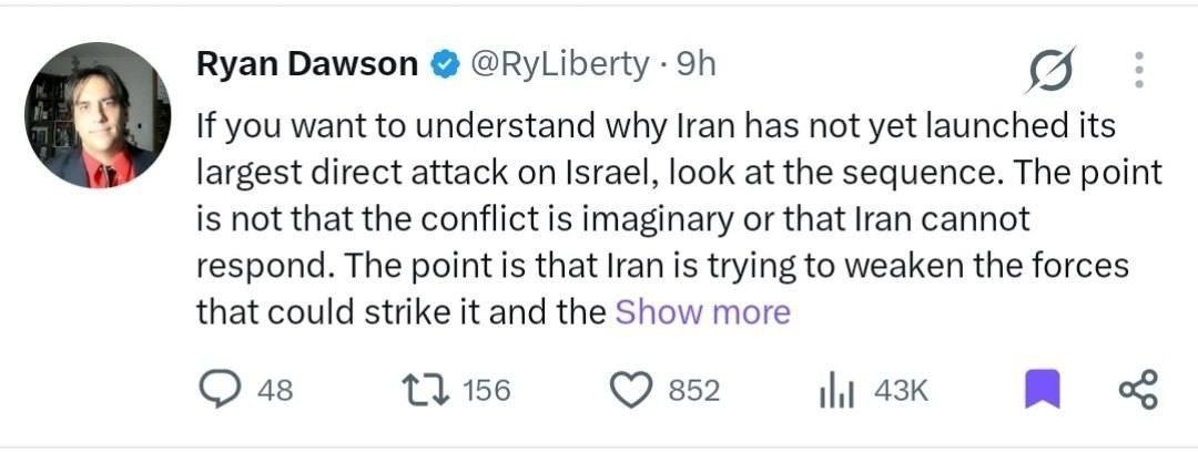 Sprinter_Press's tweet photo. American television host and political analyst: Iran has not yet launched its largest direct attack on Israel, as it first needs to weaken American bases in the Persian Gulf. https://t.co/4LWNrvsepN