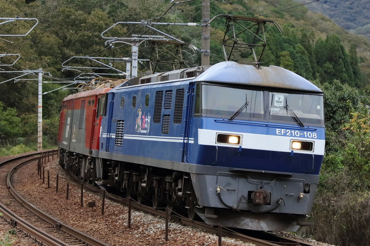 210EP's tweet photo. 10/25の2073レはEF210-108 + EH500-72❗️

小雨が降ったり止んだりのグズついた天気となった今日は、EF210-108号機が登板した2073列車です。
今日の次機無動力回送は、EH500-72号機が付きました。
金太郎が来る時はほぼ曇りや雨の日が多いです。
お伽話コンビはゆっくりと船坂峠を越えて行きました。 https://t.co/ndr42R5dKY