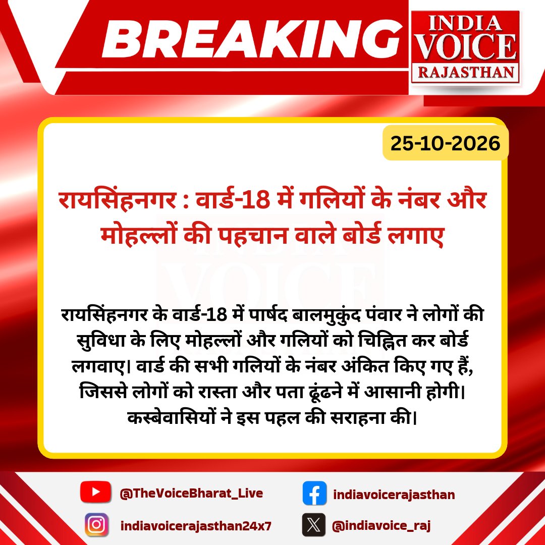 indiavoice_raj's tweet photo. #SriGanganagar #रायसिंहनगर: वार्ड-18 में गलियों के नंबर और मोहल्लों की पहचान वाले बोर्ड लगाए....
#SriGanganagar #रायसिंहनगर #WardDevelopment #PublicConvenience #IndiaVoiceRajasthan https://t.co/QL9dDciVrg
